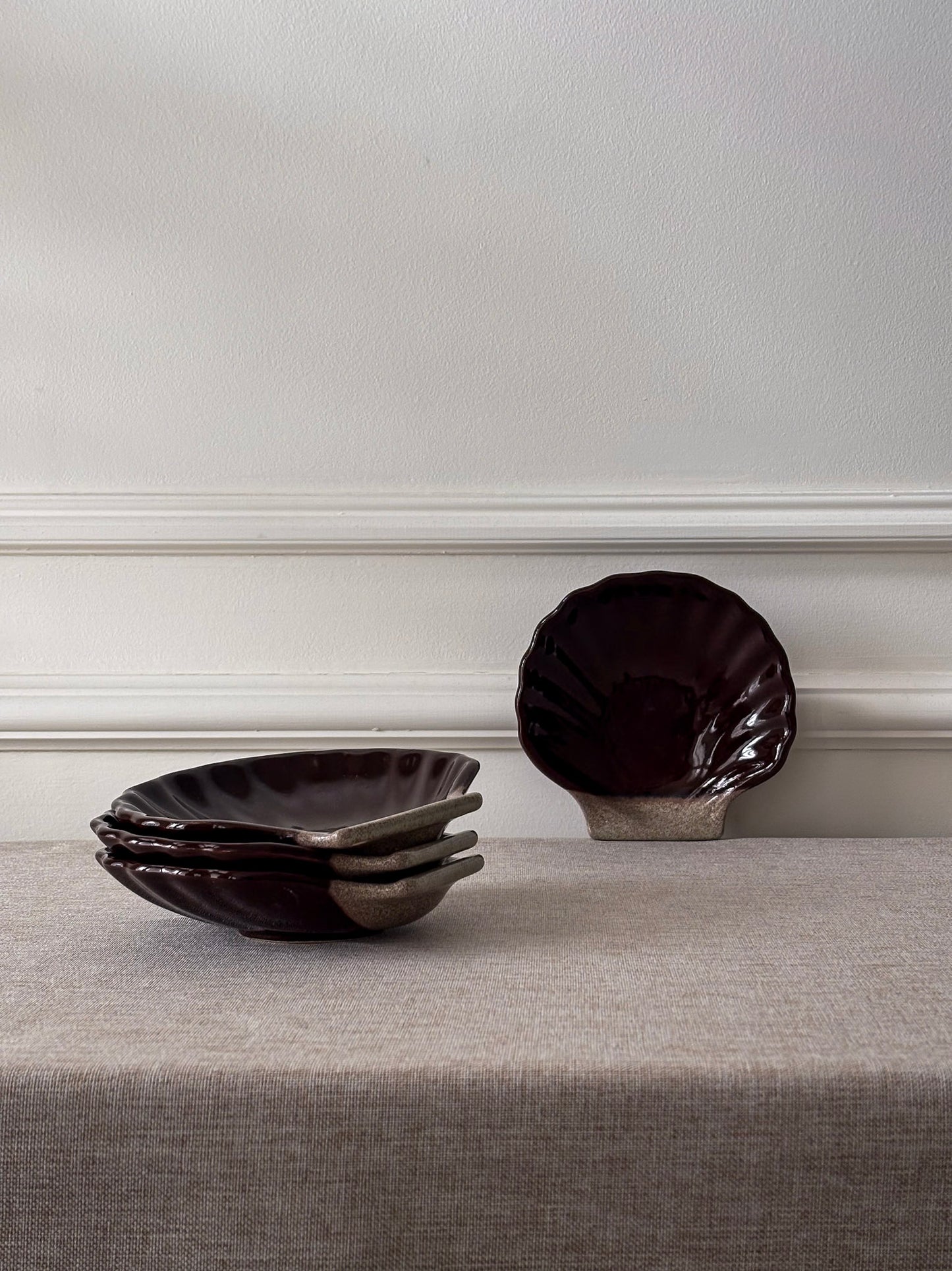 French Ceramic Scallop Shell Dishes - Brown Glaze