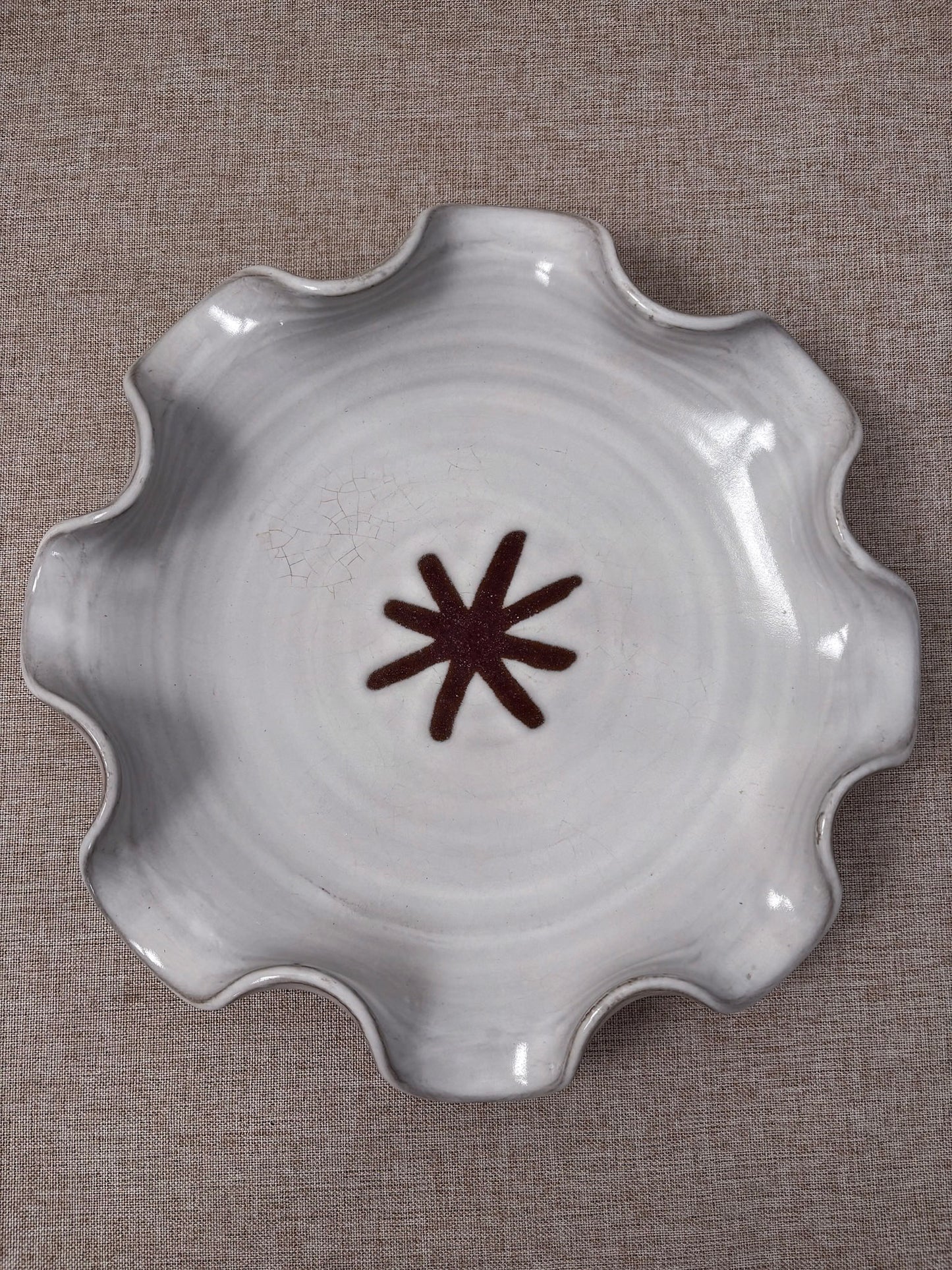 Studio Pottery Wavy Edge Plate, Irish Ceramic Dish in Off-White and Brown
