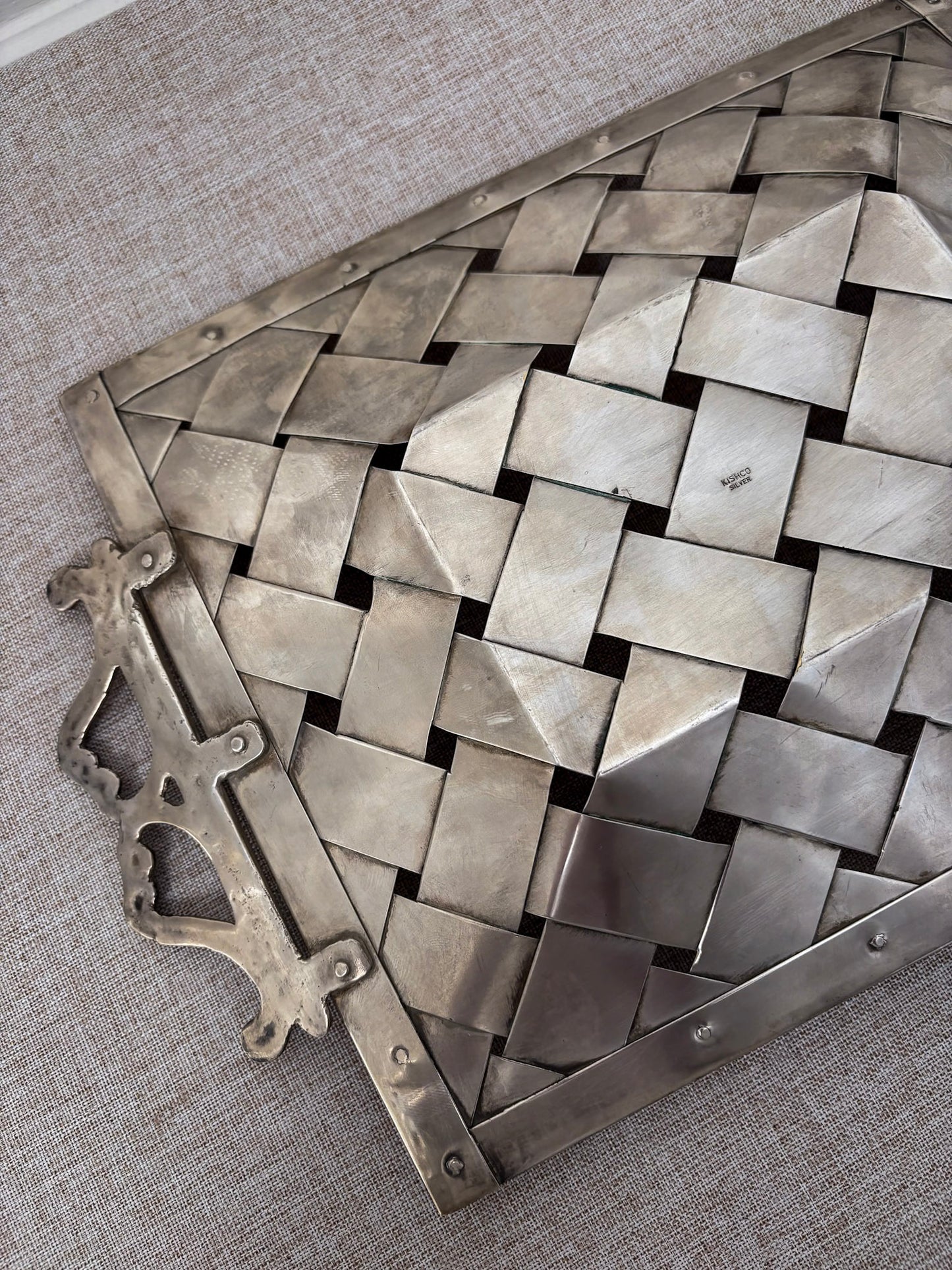 Silver-Tone Woven Tray with Ornate Handles, Rectangular Decorative Tray