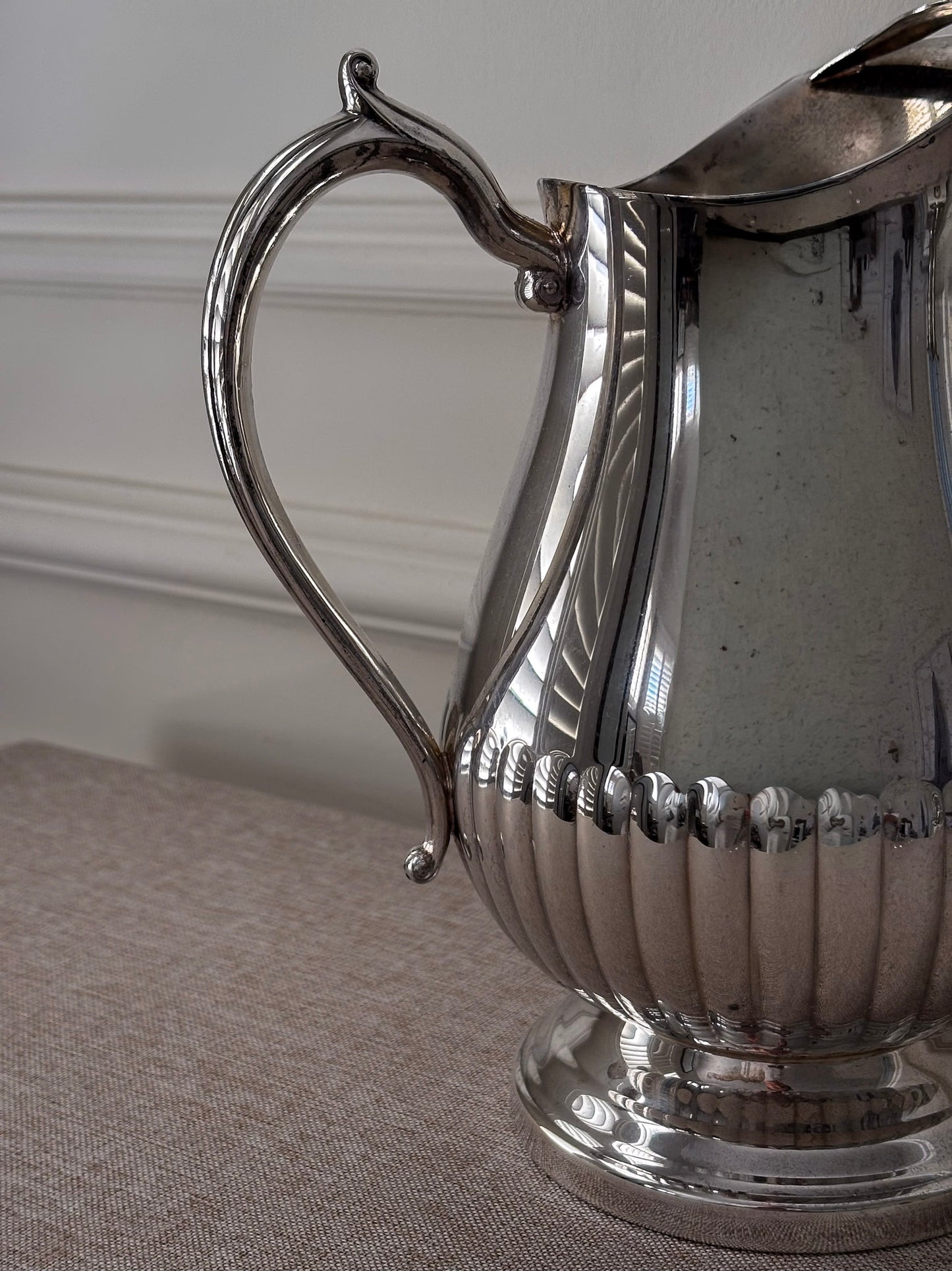 Silver-Plated Jug, Fluted Base with Sculptural Handle, Classic Serving Pitcher