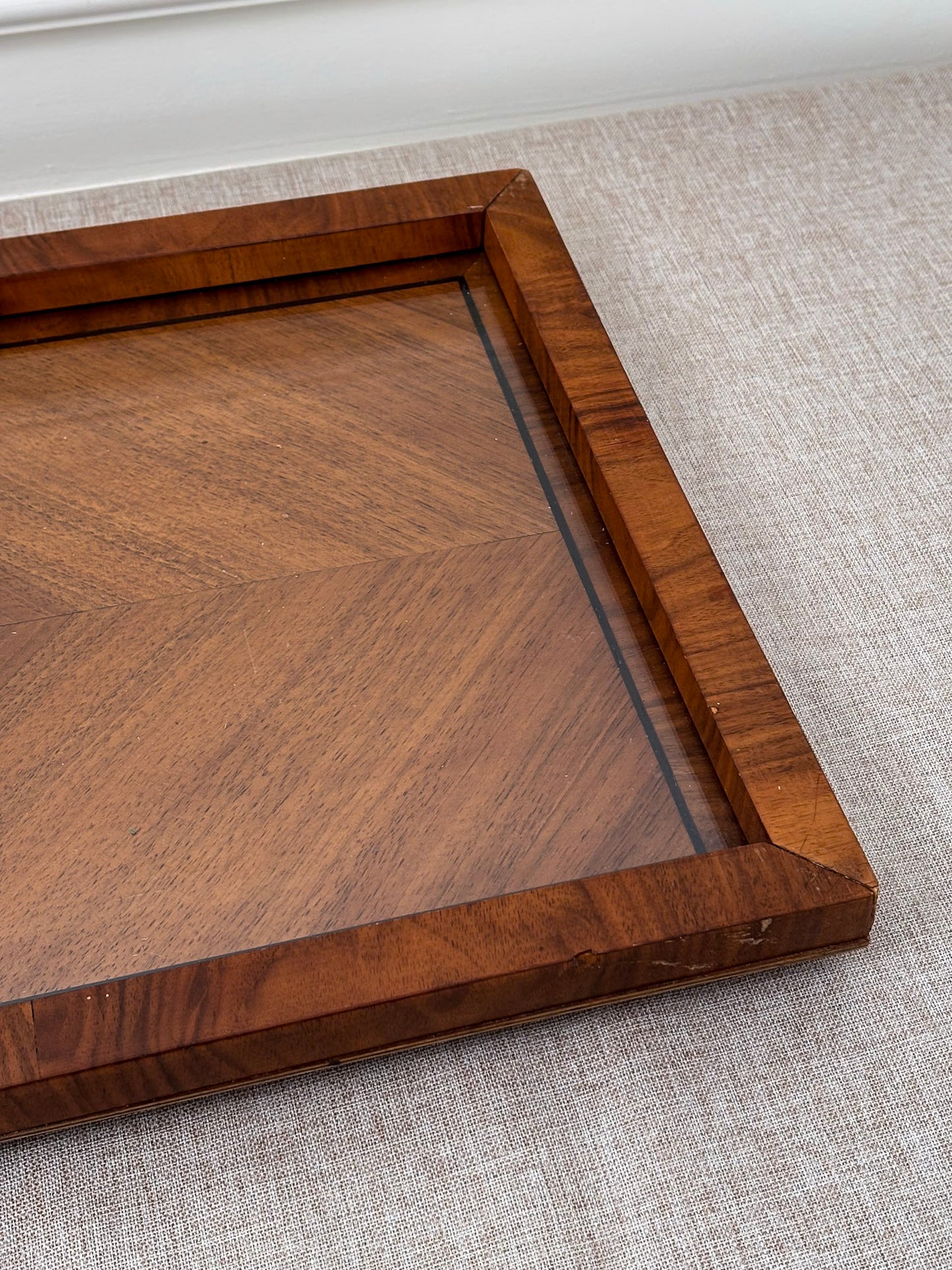 Mid Century Walnut & Glass Serving Tray | Vintage Wood Coffee Table Tray