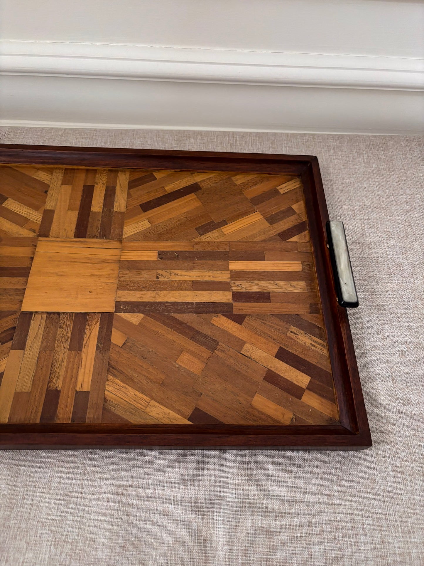 Vintage Mid Century Parquetry Serving Tray | Geometric Wood Veneer Tray