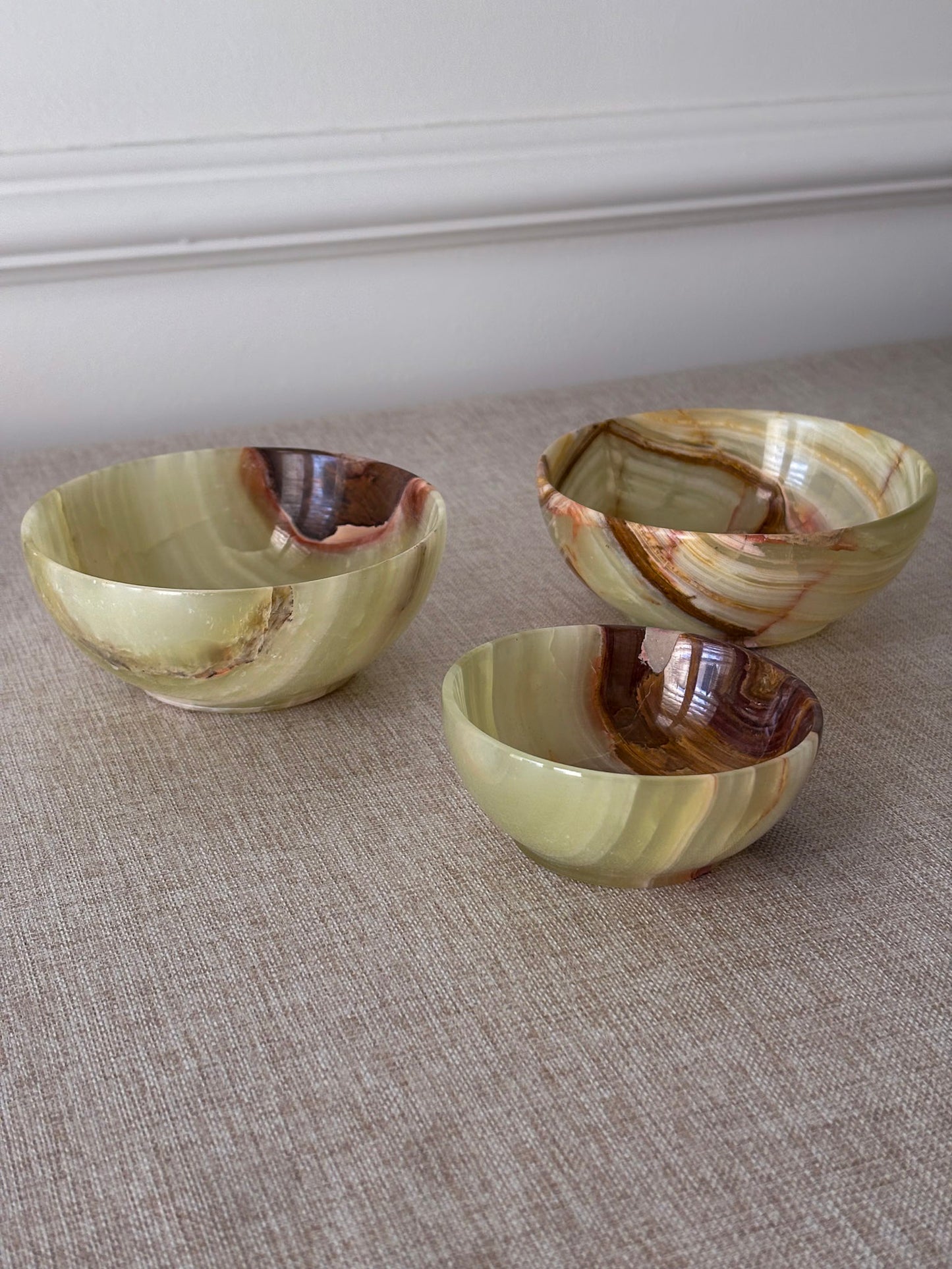 Vintage Banded Onyx Bowl Set | Mid Century Stone Trinket Bowls Set of 3