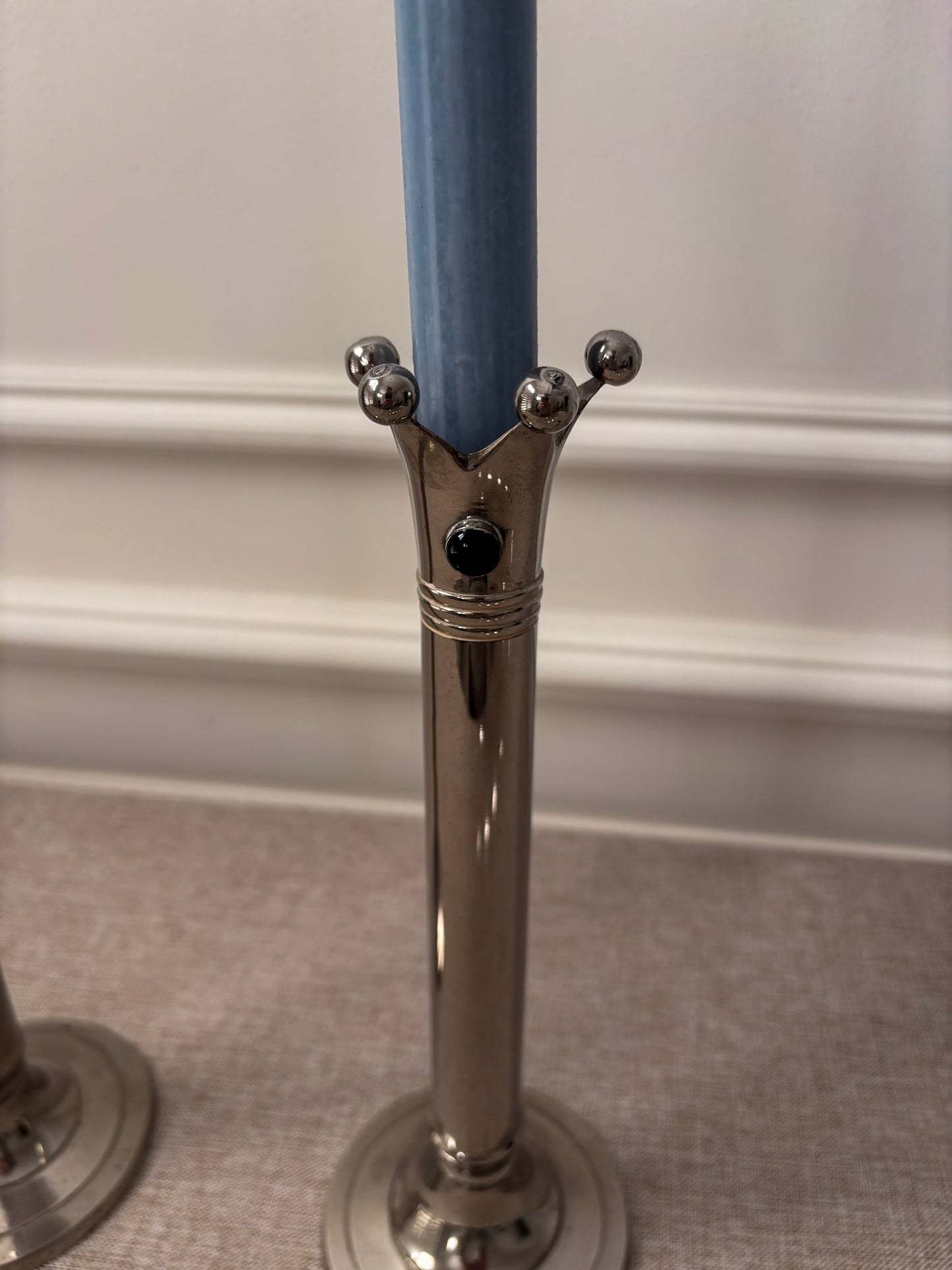 Chrome Jester Crown Candlesticks with Blue Cabochon Detail, Sculptural Taper Candle Holders (Pair)