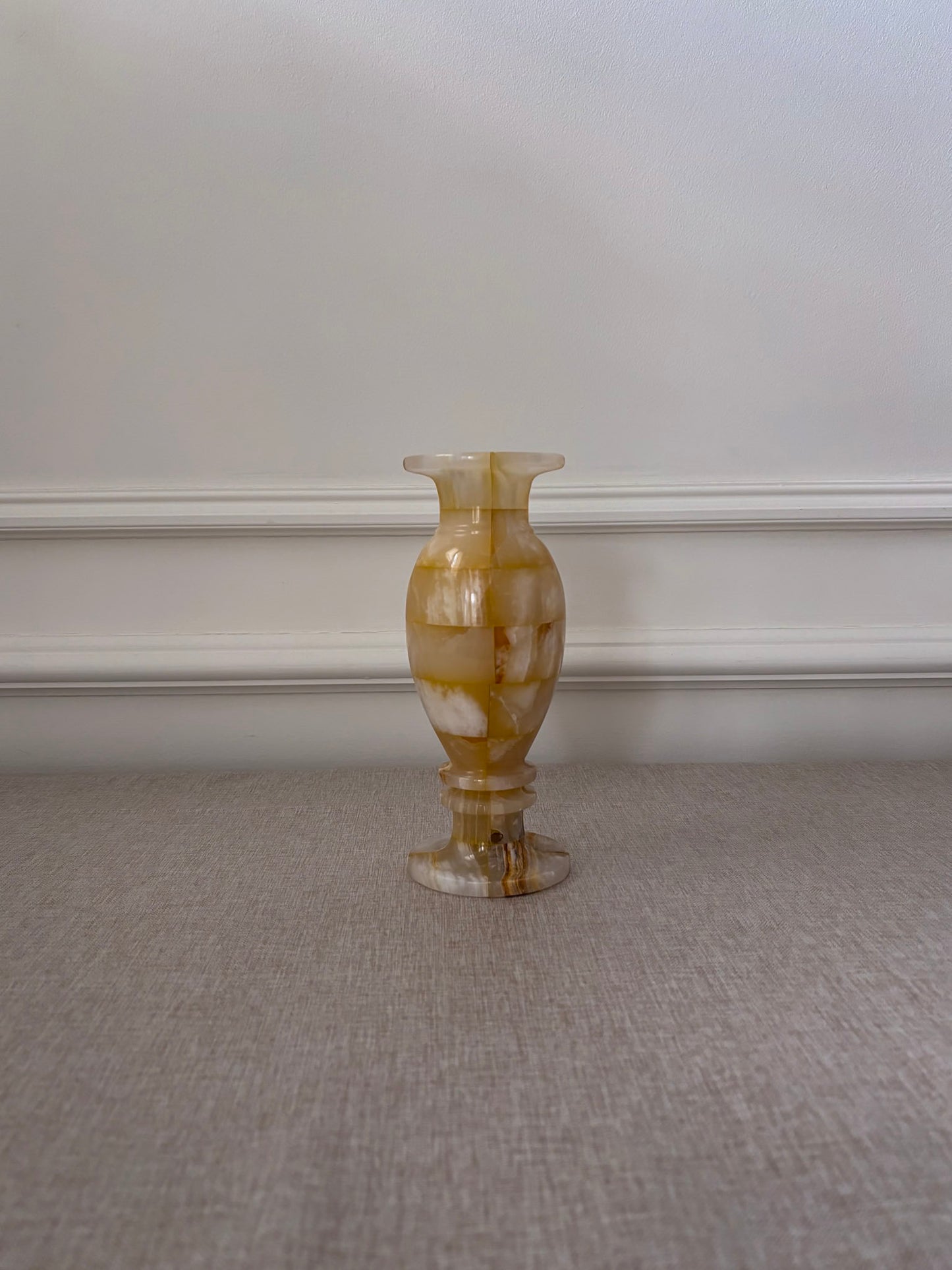 Vintage Butter Yellow Onyx Vase | Sculptural Chequered Stone Vase