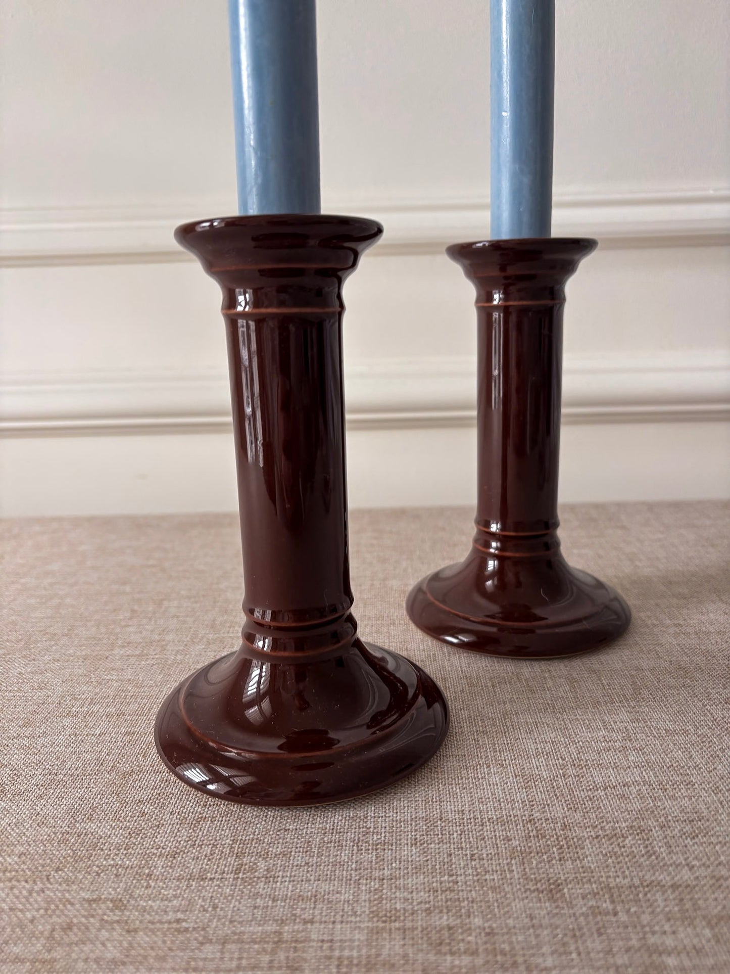 Mid-Century Brown Ceramic Candlestick Holders
