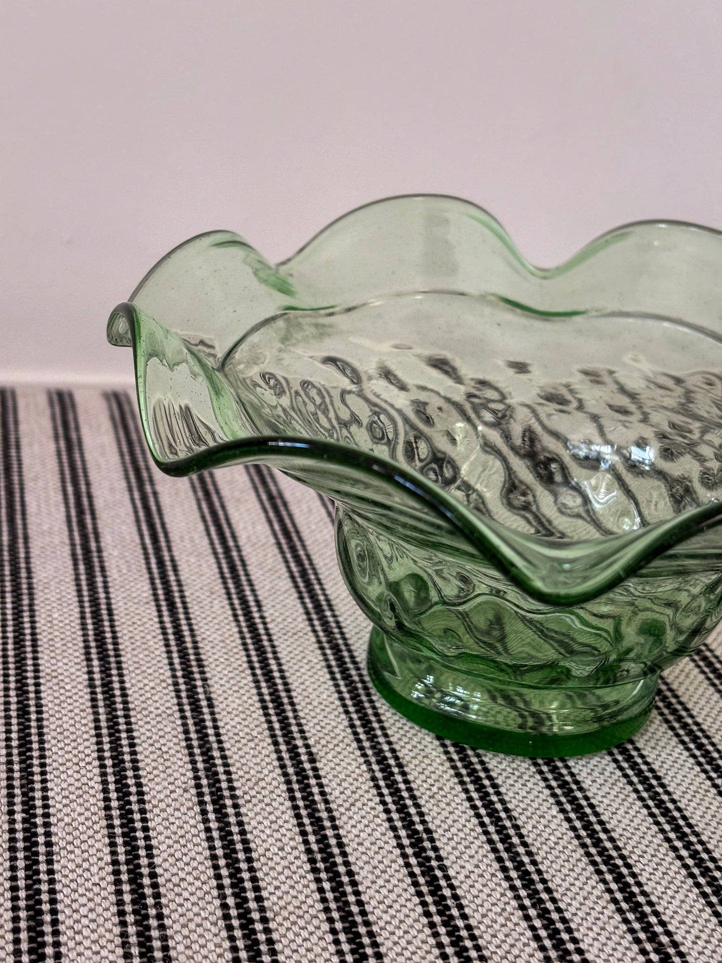 Green Glass Fluted Ruffle Edge Bowl