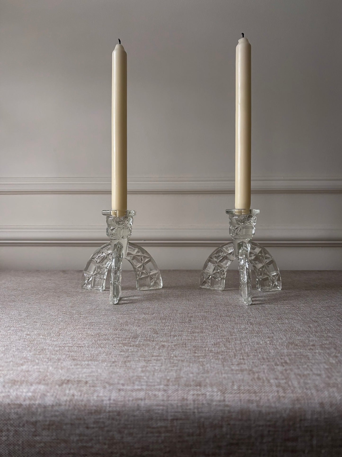 1930s Art Deco Pressed Glass Candlesticks - Pair