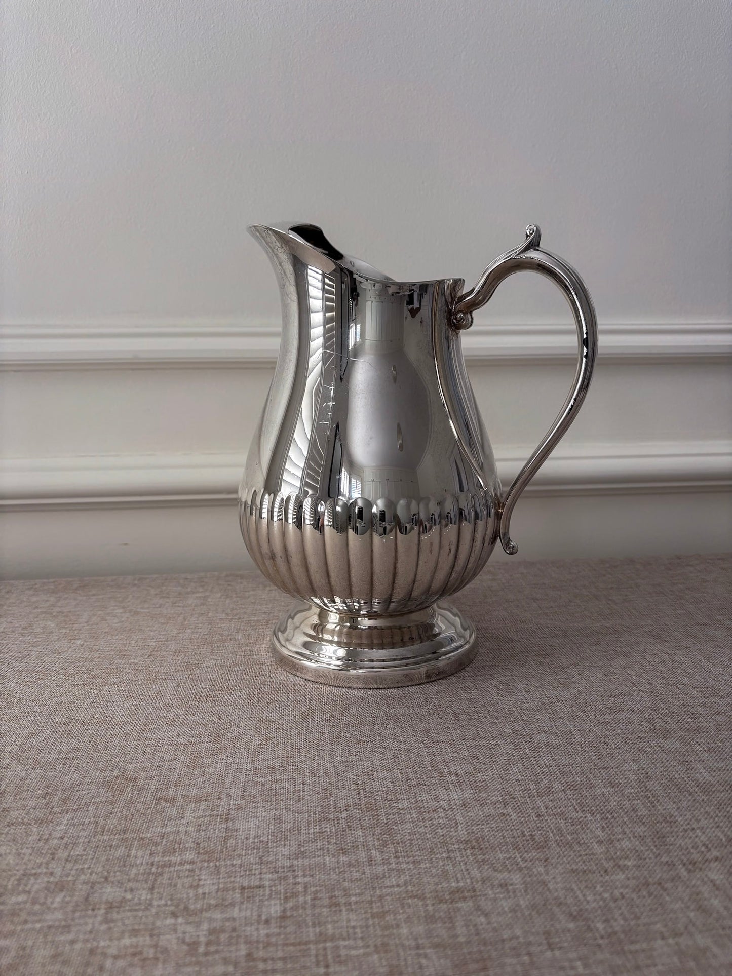 Silver-Plated Jug, Fluted Base with Sculptural Handle, Classic Serving Pitcher