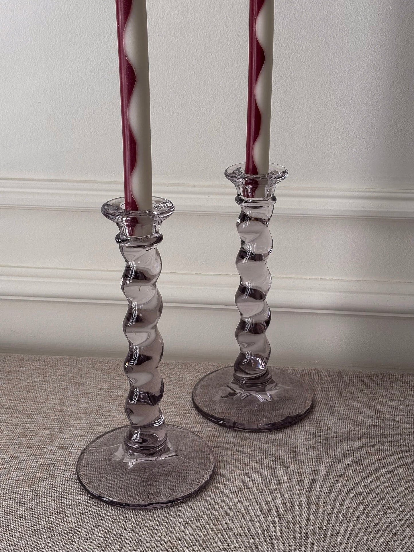 Glass Twist Candlesticks, Pair of Sculptural Spiral Stem Candle Holders