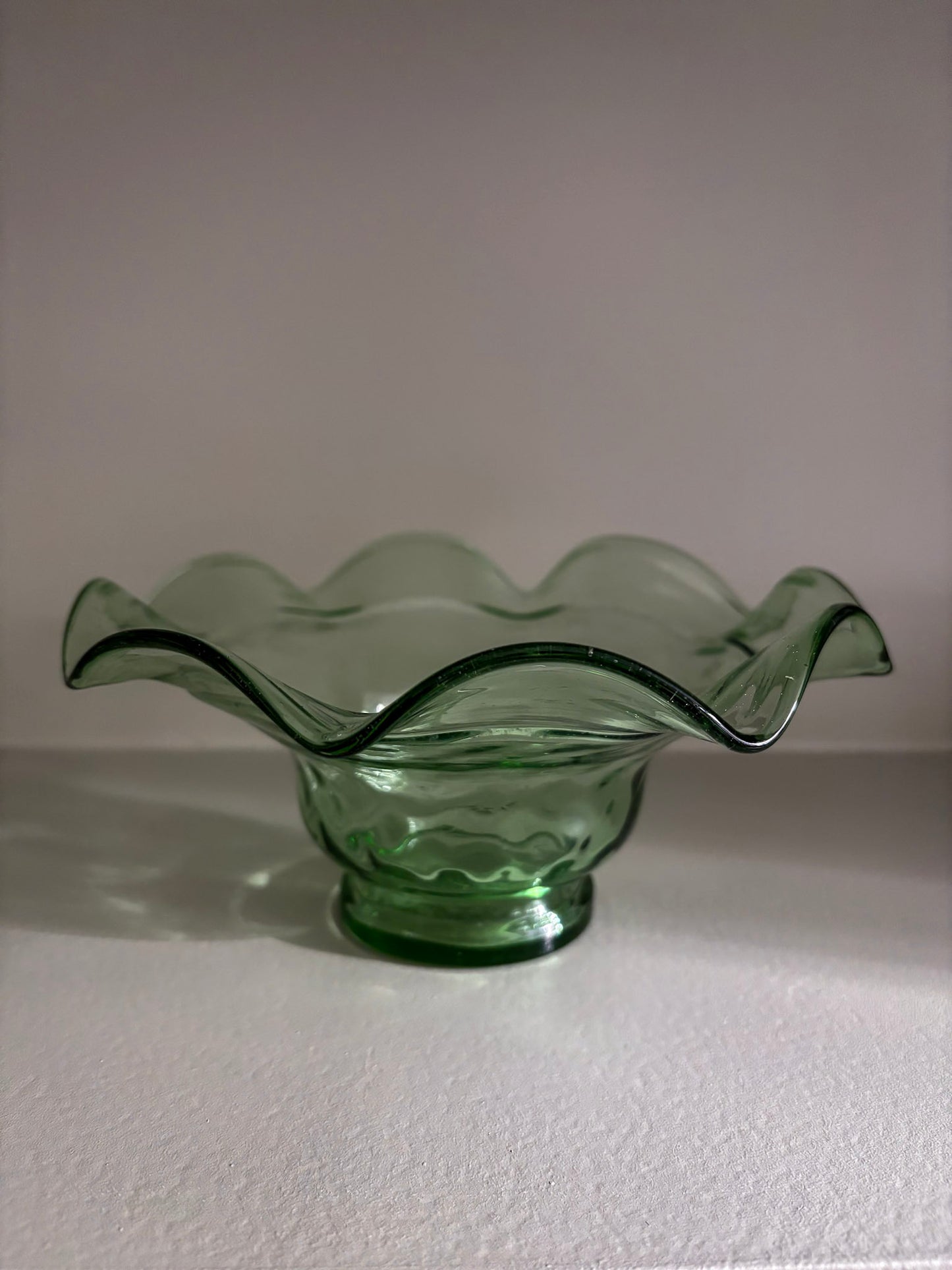 Green Glass Fluted Ruffle Edge Bowl