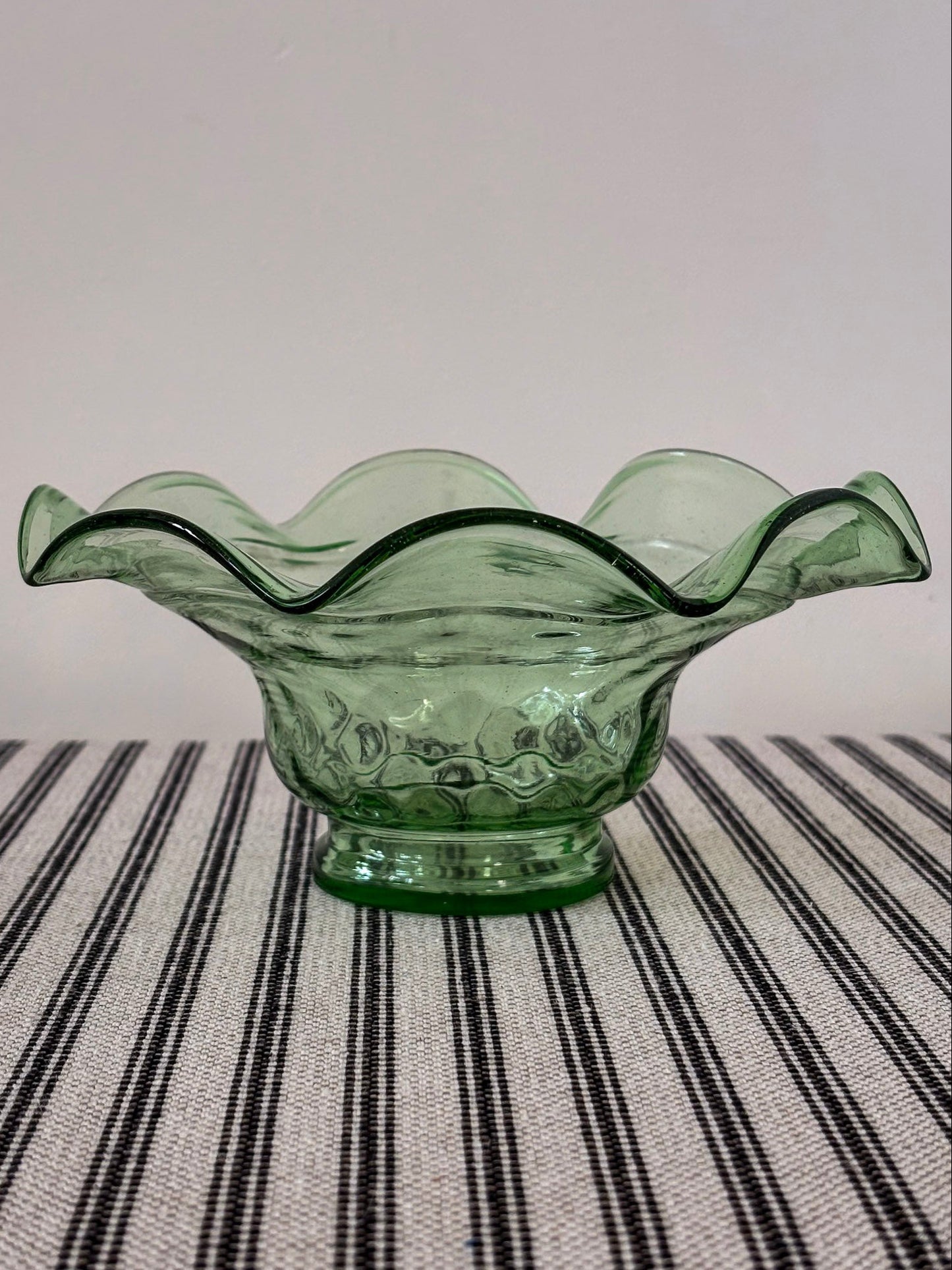 Green Glass Fluted Ruffle Edge Bowl