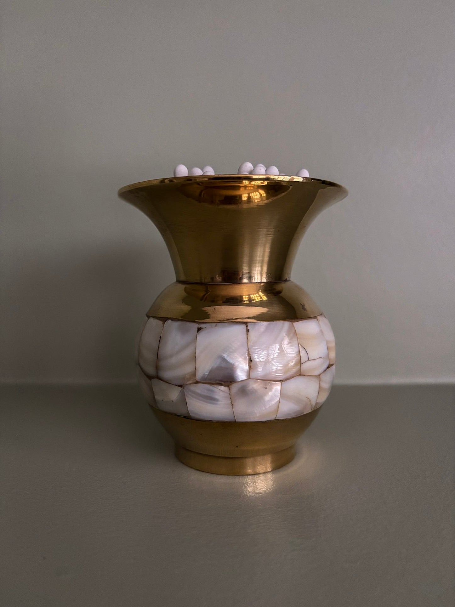 Mother-of-Pearl Inlay Brass Mini Vase Matchstick Holder