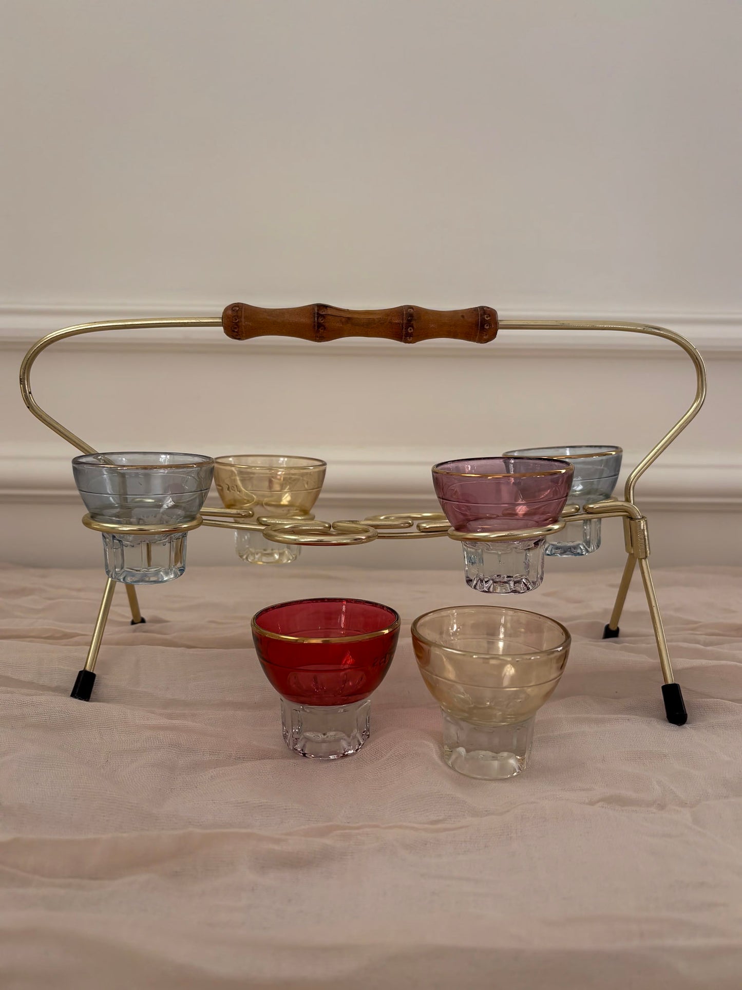 1950s Harlequin Shot Glass Set with Caddy & Bamboo Handle