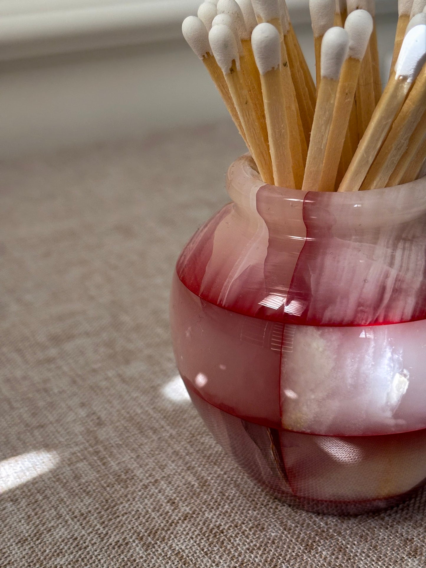 Pink Onyx Matchstick Holder Checked Stone Pot