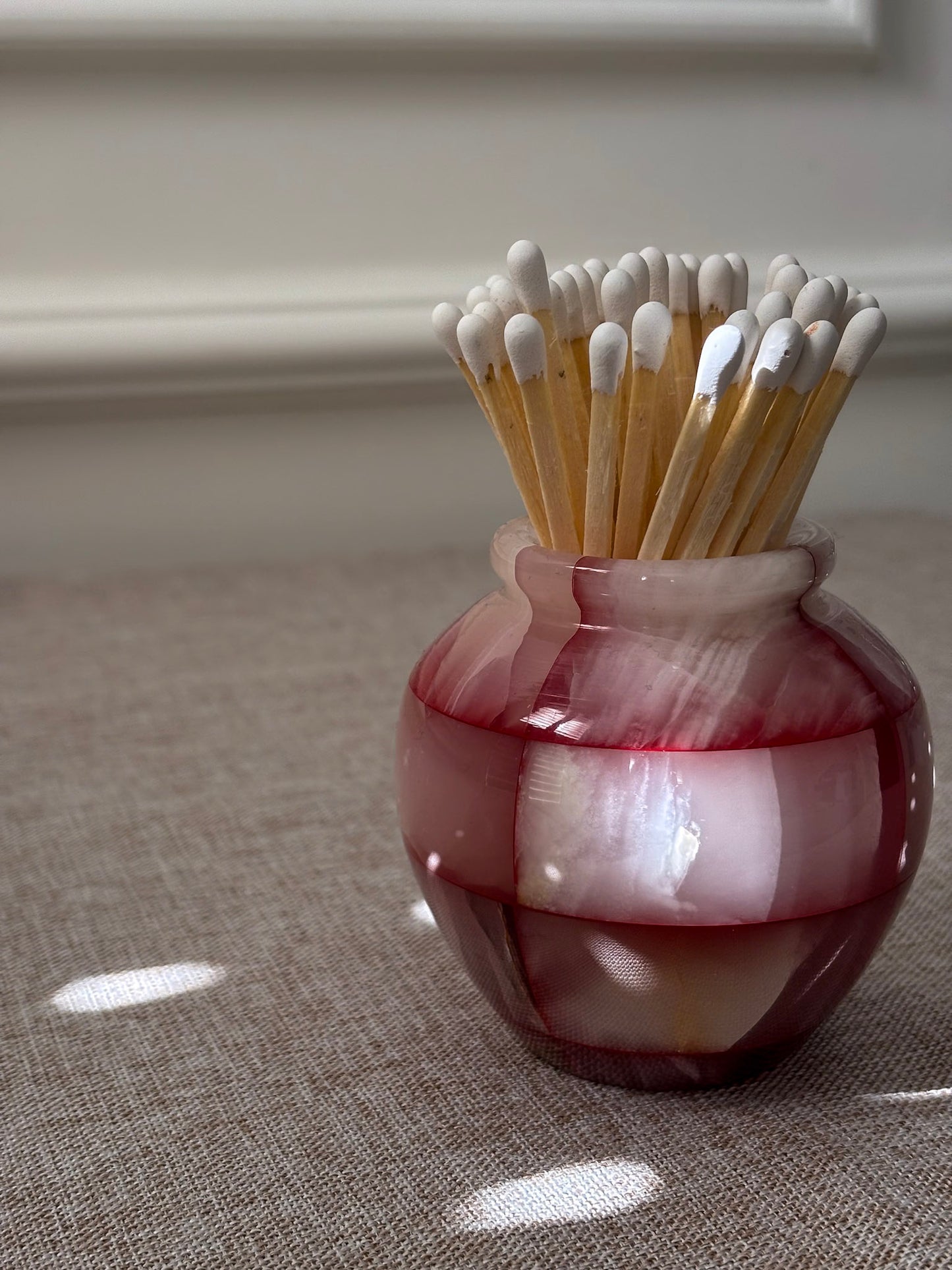 Pink Onyx Matchstick Holder Checked Stone Pot