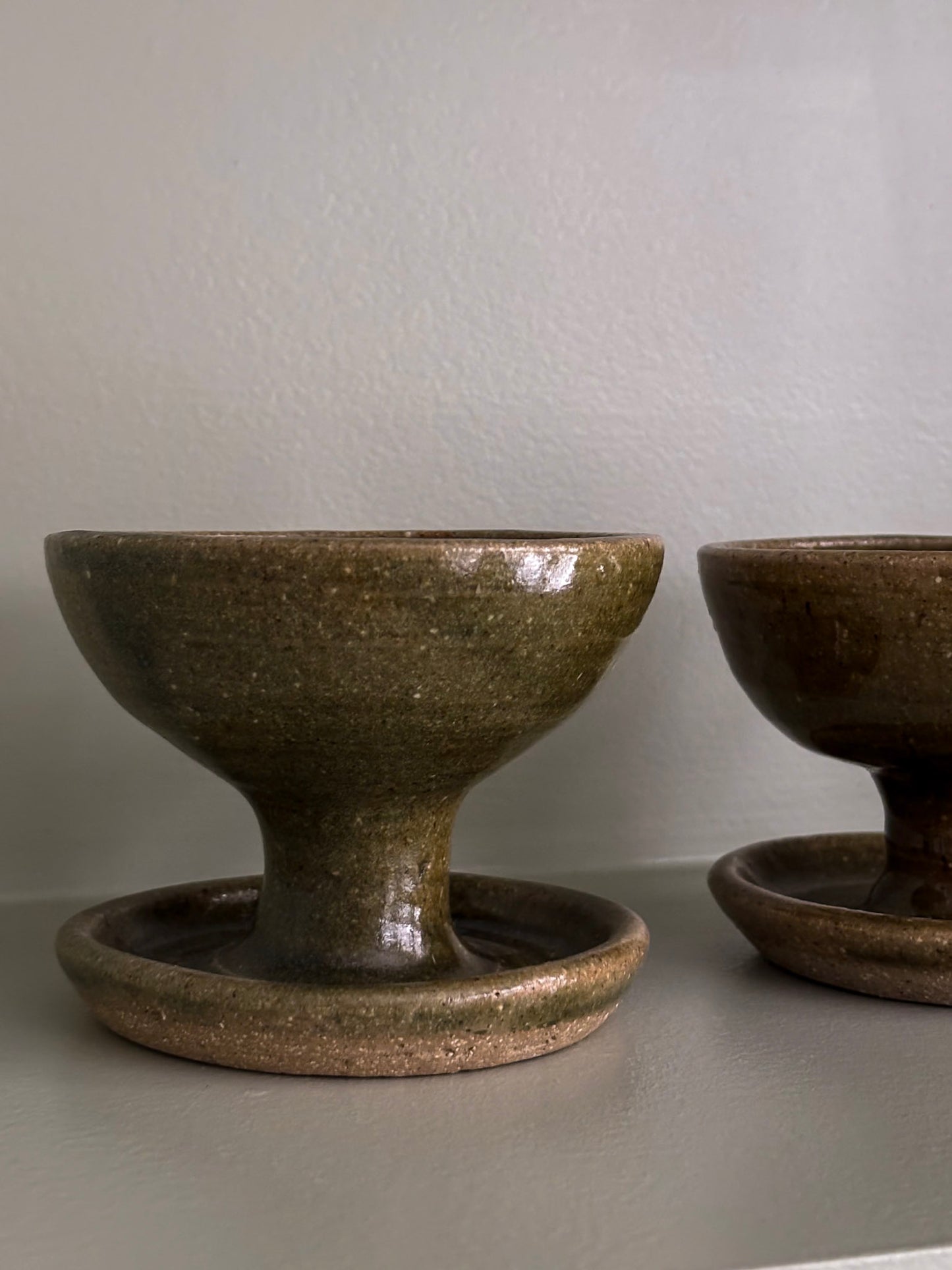 Mid-Century Olive Glazed Pedestal Candle Holders