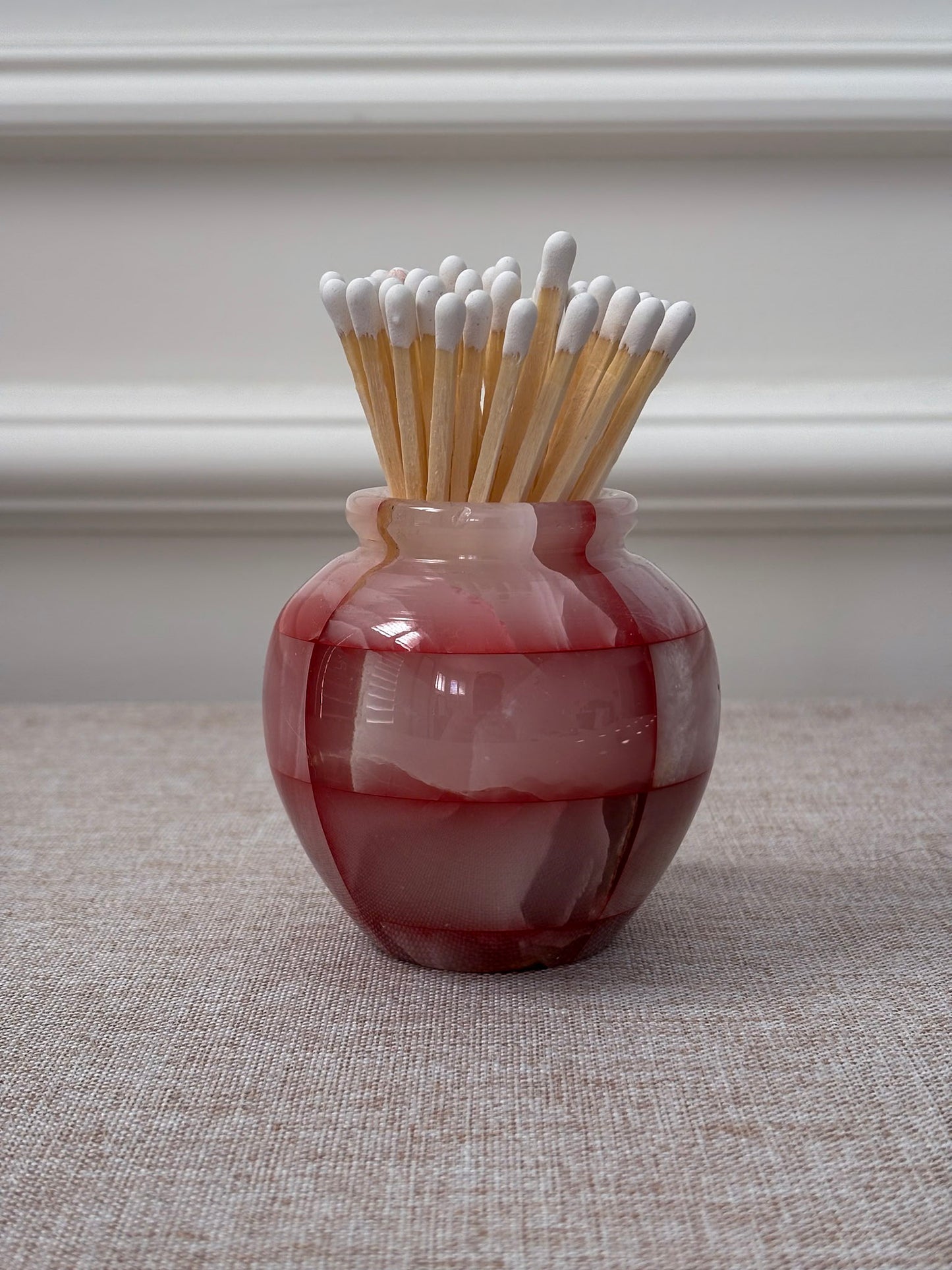 Pink Onyx Matchstick Holder Checked Stone Pot