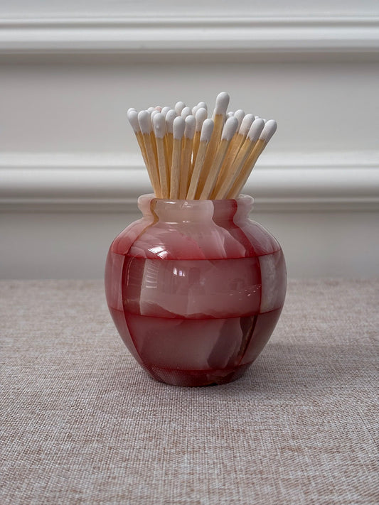 Pink Onyx Matchstick Holder Checked Stone Pot