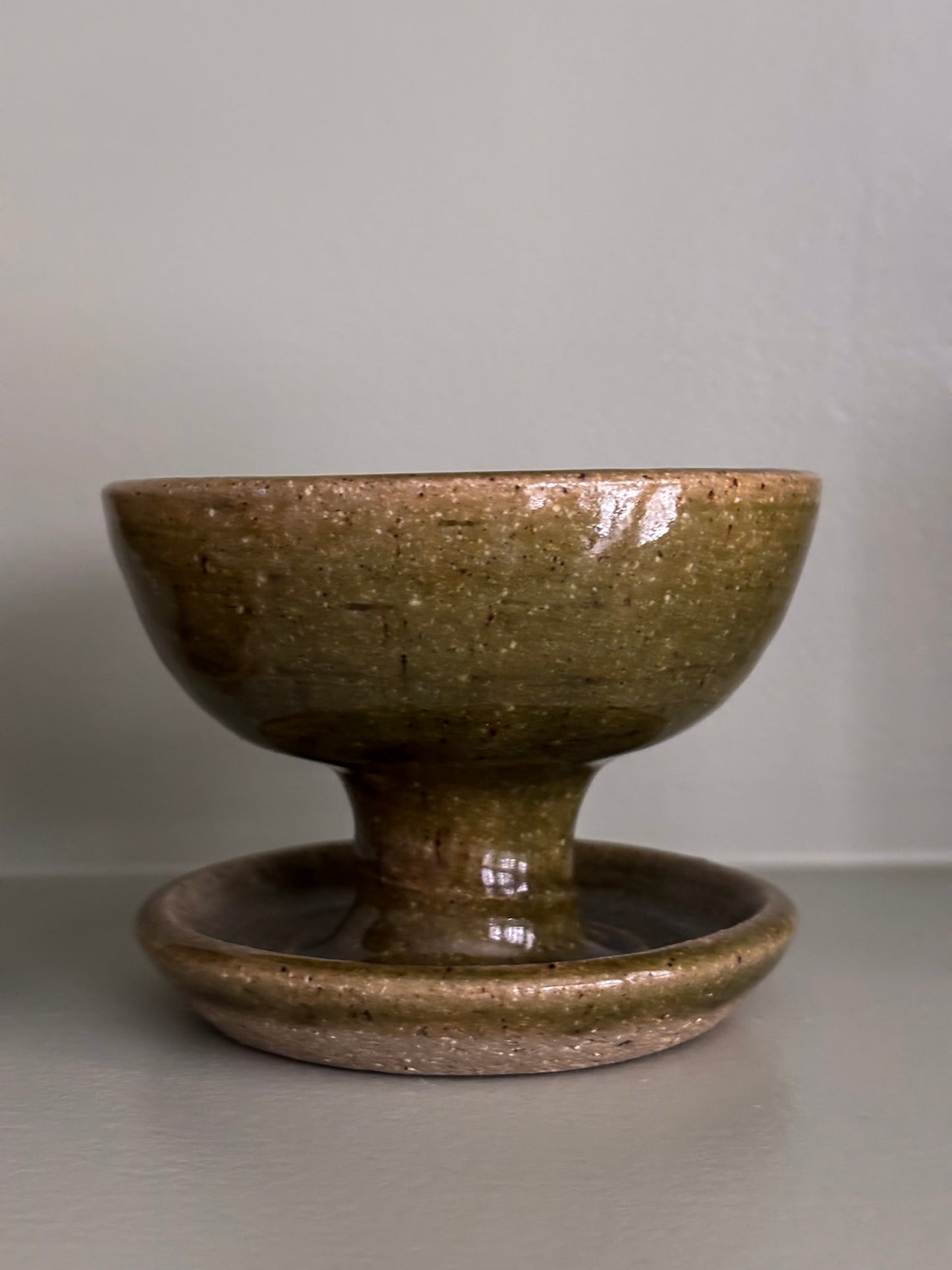 Mid-Century Olive Glazed Pedestal Candle Holders