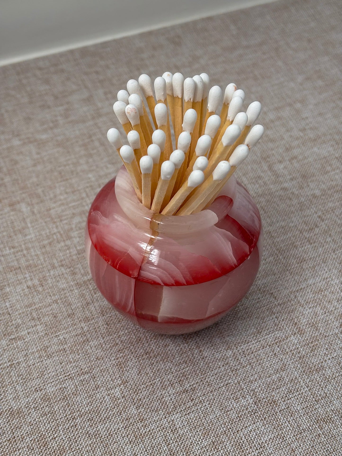 Pink Onyx Matchstick Holder Checked Stone Pot