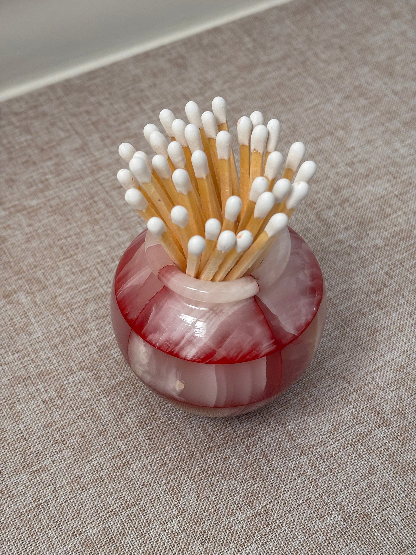 Pink Onyx Matchstick Holder Checked Stone Pot