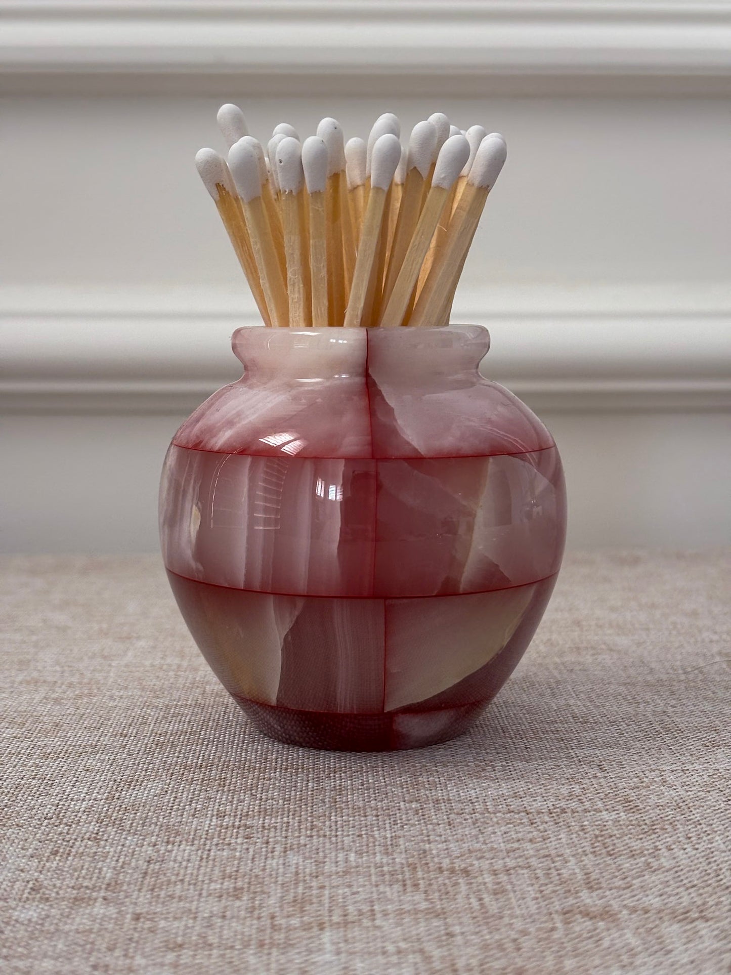 Pink Onyx Matchstick Holder Checked Stone Pot