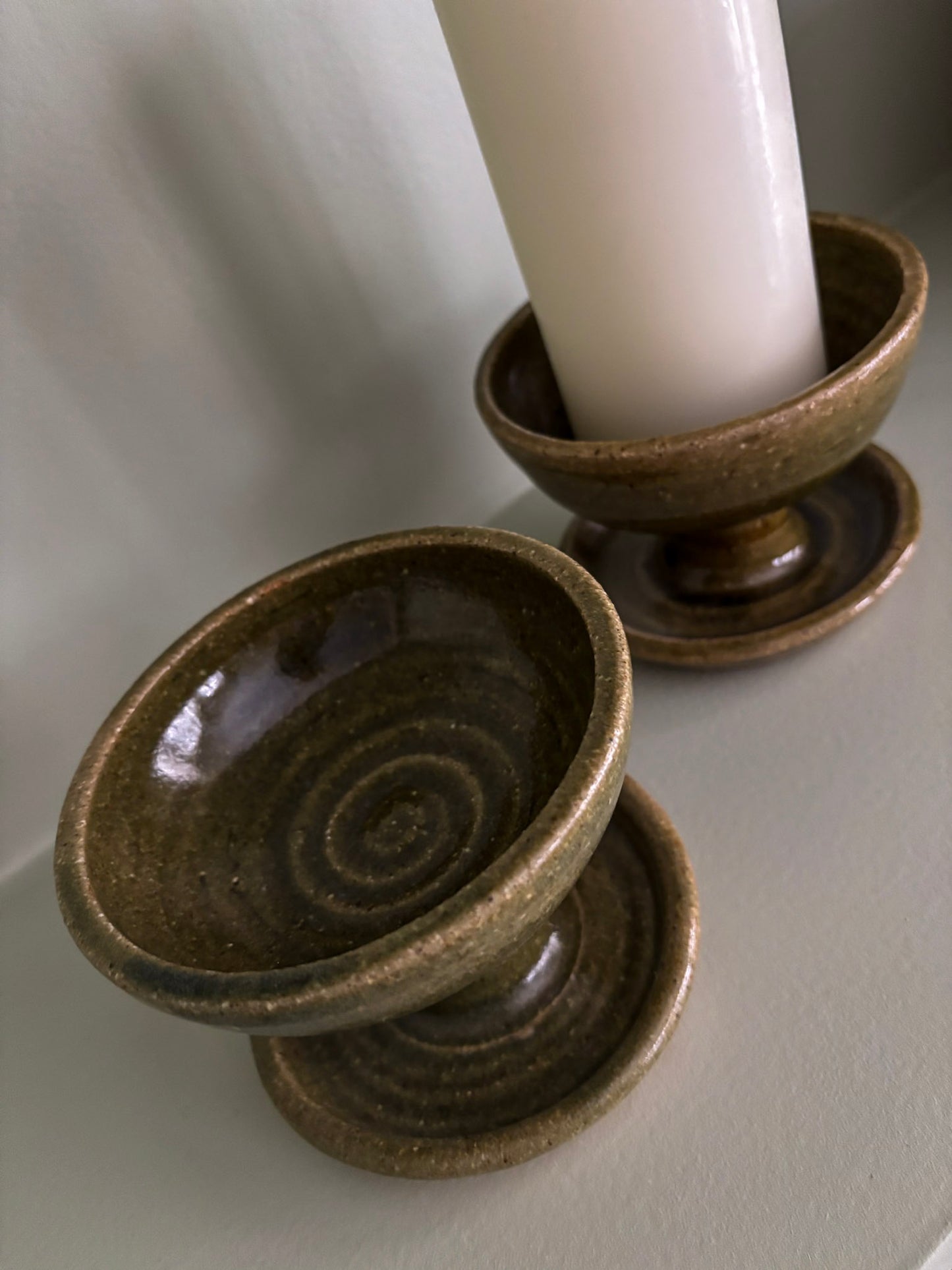 Mid-Century Olive Glazed Pedestal Candle Holders