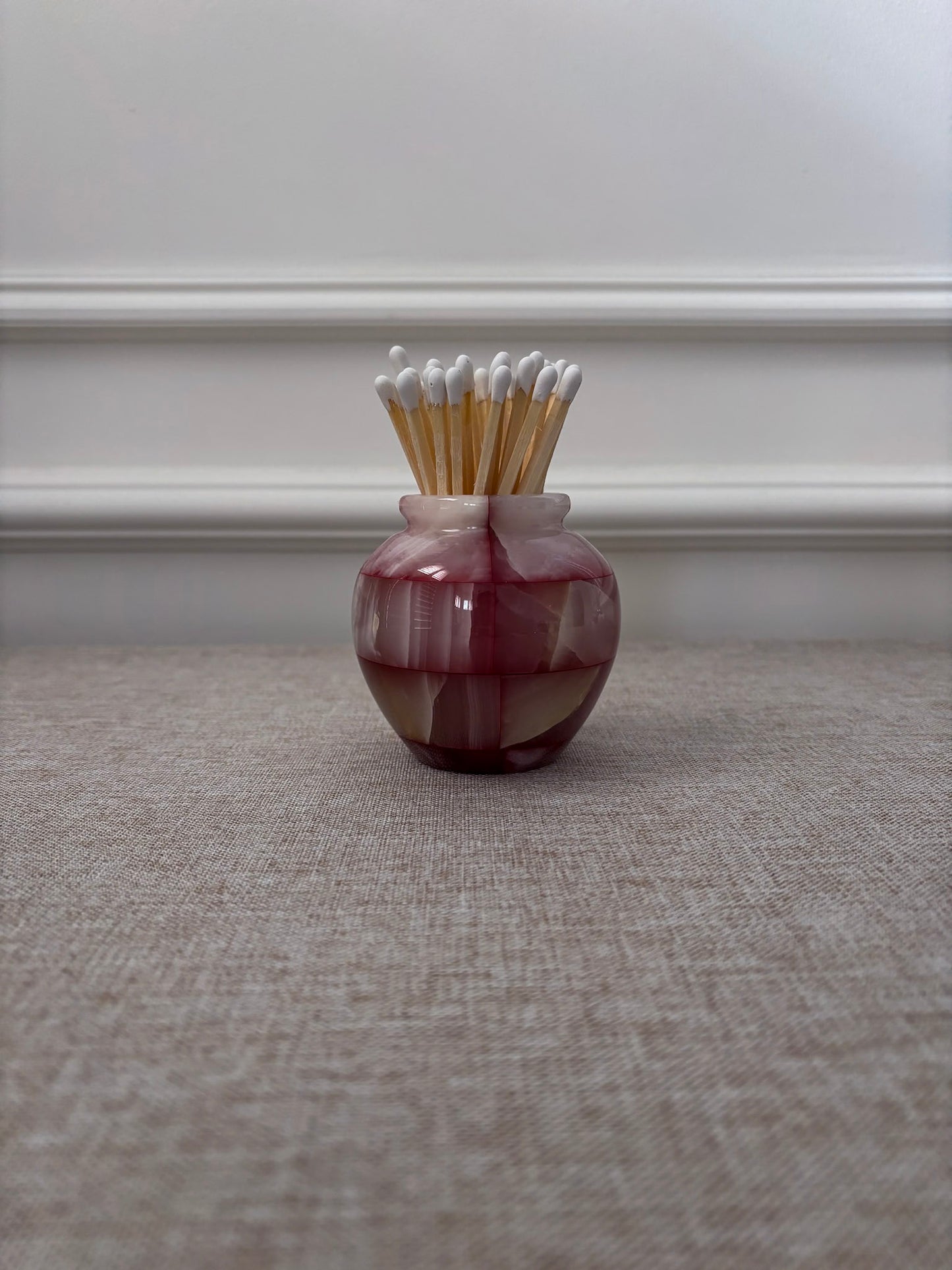 Pink Onyx Matchstick Holder Checked Stone Pot