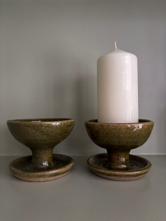 Mid-Century Olive Glazed Pedestal Candle Holders