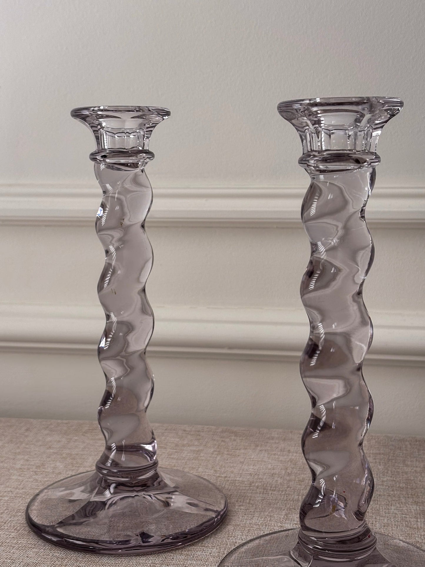 Glass Twist Candlesticks, Pair of Sculptural Spiral Stem Candle Holders