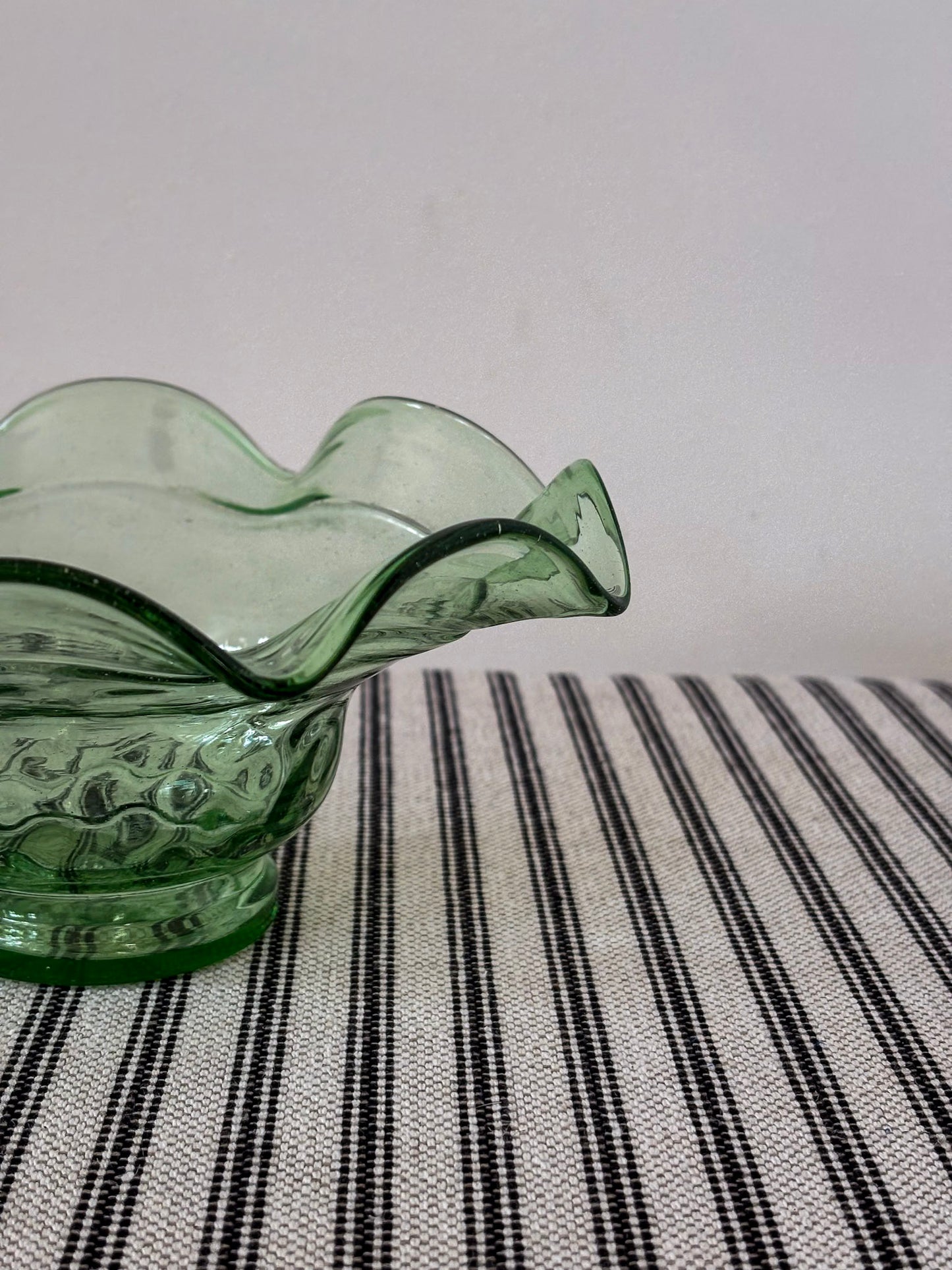 Green Glass Fluted Ruffle Edge Bowl