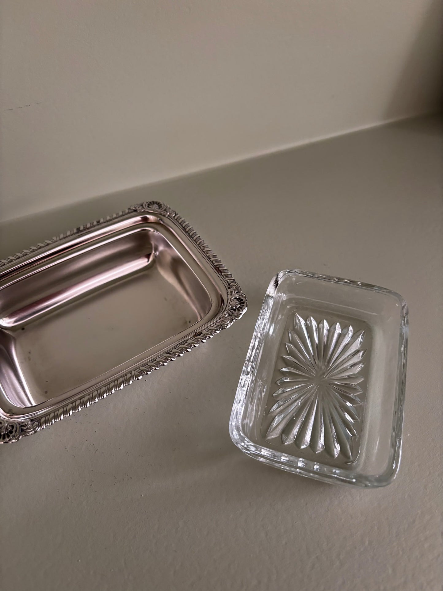 Silver-Plated Soap Dish with Cut Glass Insert