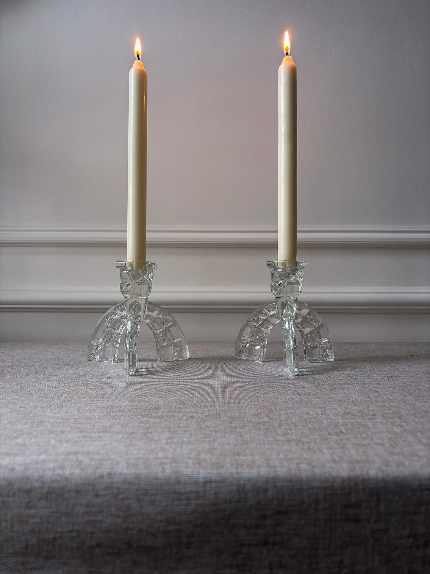 1930s Art Deco Pressed Glass Candlesticks - Pair