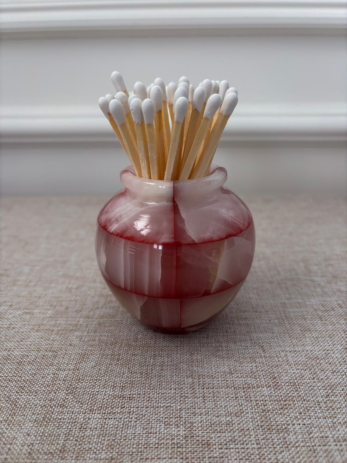 Pink Onyx Matchstick Holder Checked Stone Pot