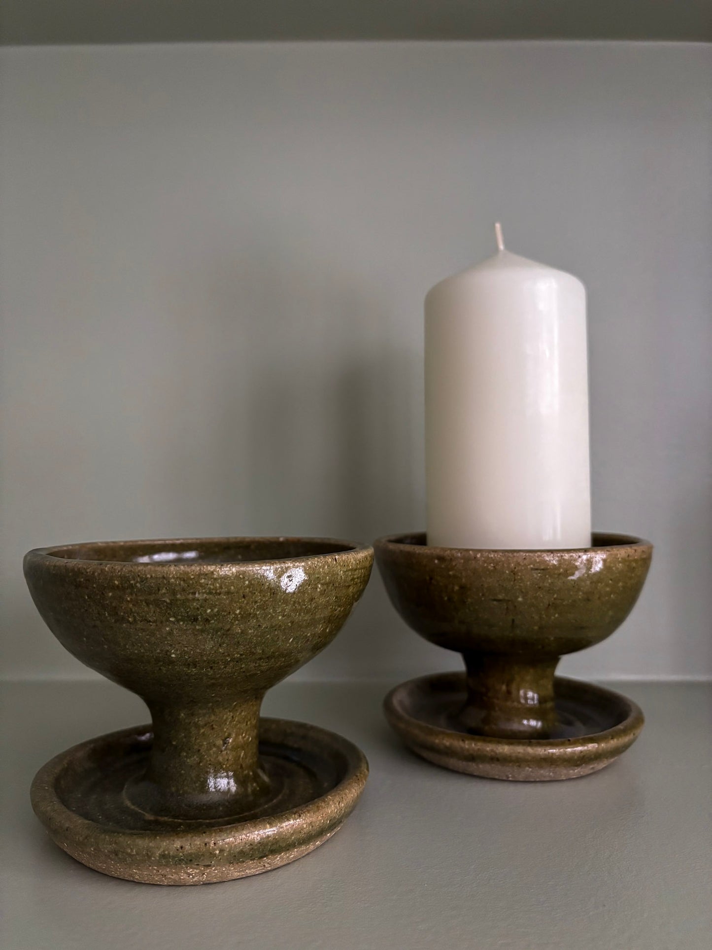 Mid-Century Olive Glazed Pedestal Candle Holders