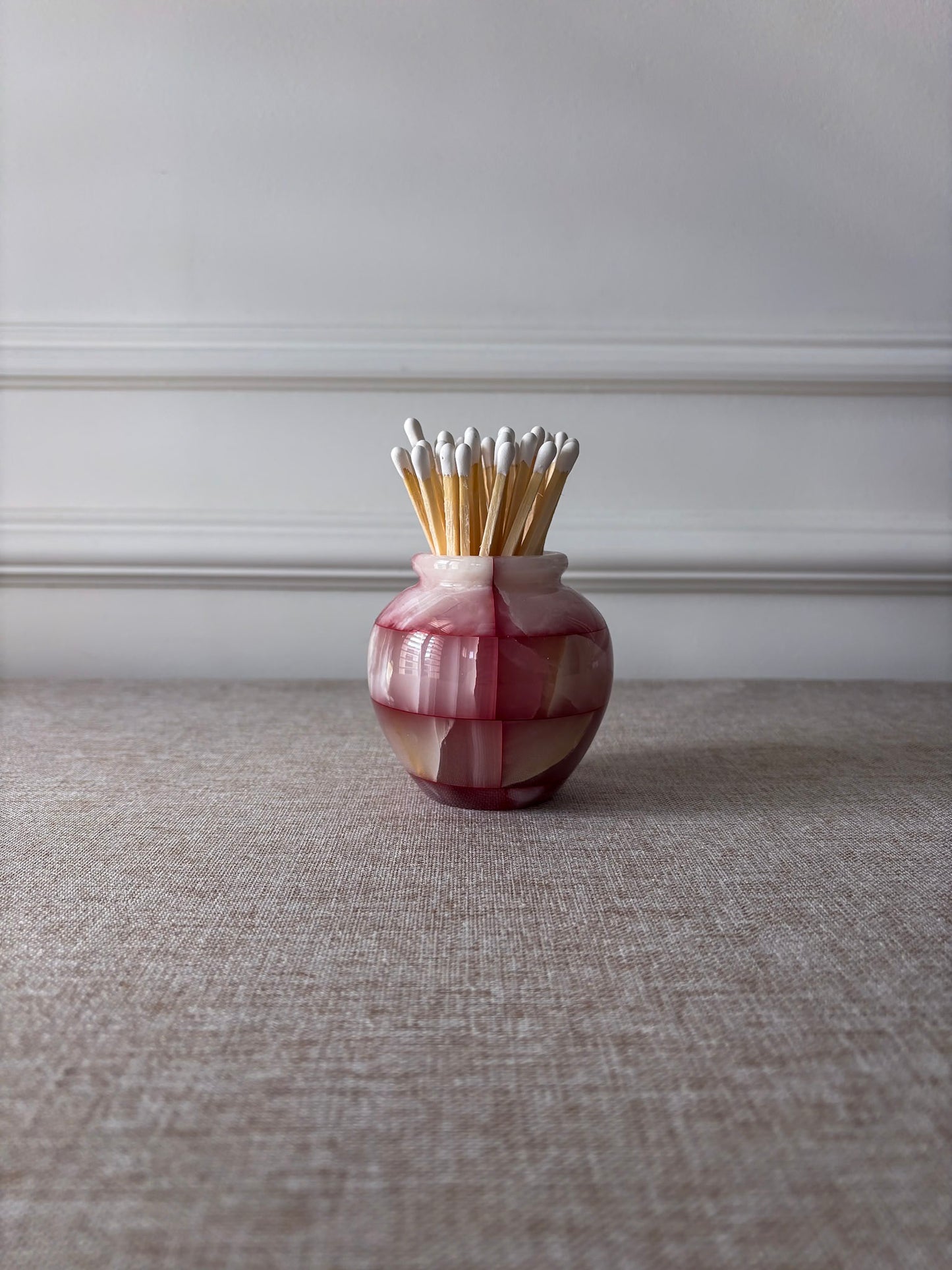 Pink Onyx Matchstick Holder Checked Stone Pot