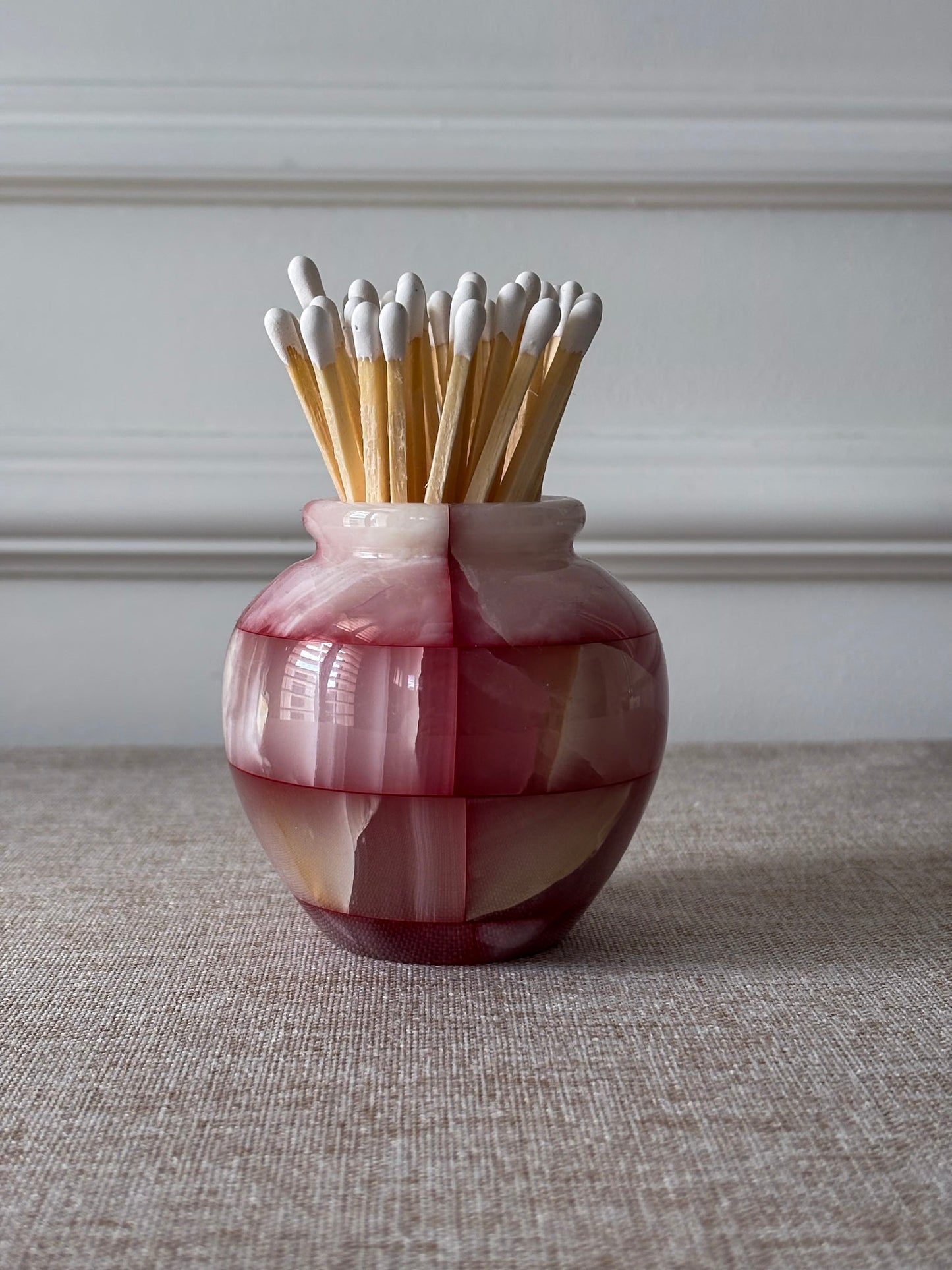 Pink Onyx Matchstick Holder Checked Stone Pot