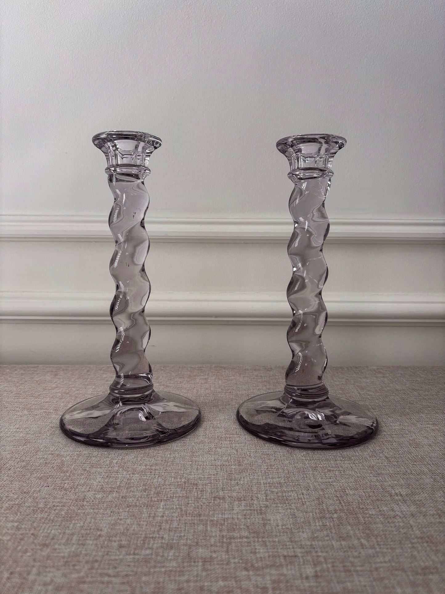 Glass Twist Candlesticks, Pair of Sculptural Spiral Stem Candle Holders