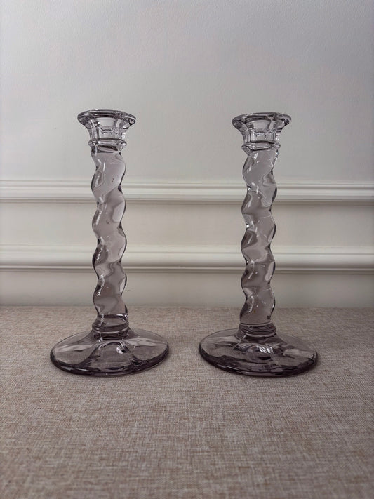 Glass Twist Candlesticks, Pair of Sculptural Spiral Stem Candle Holders