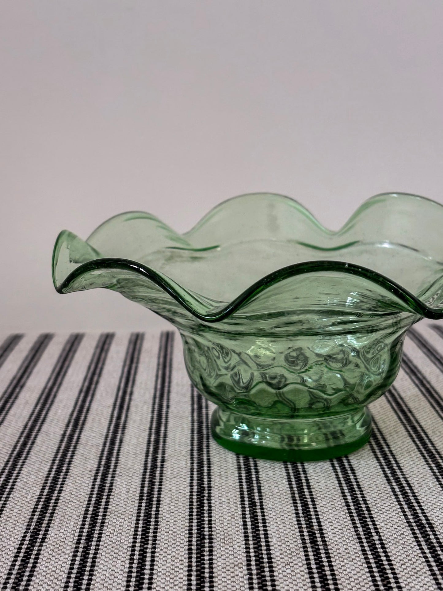 Green Glass Fluted Ruffle Edge Bowl