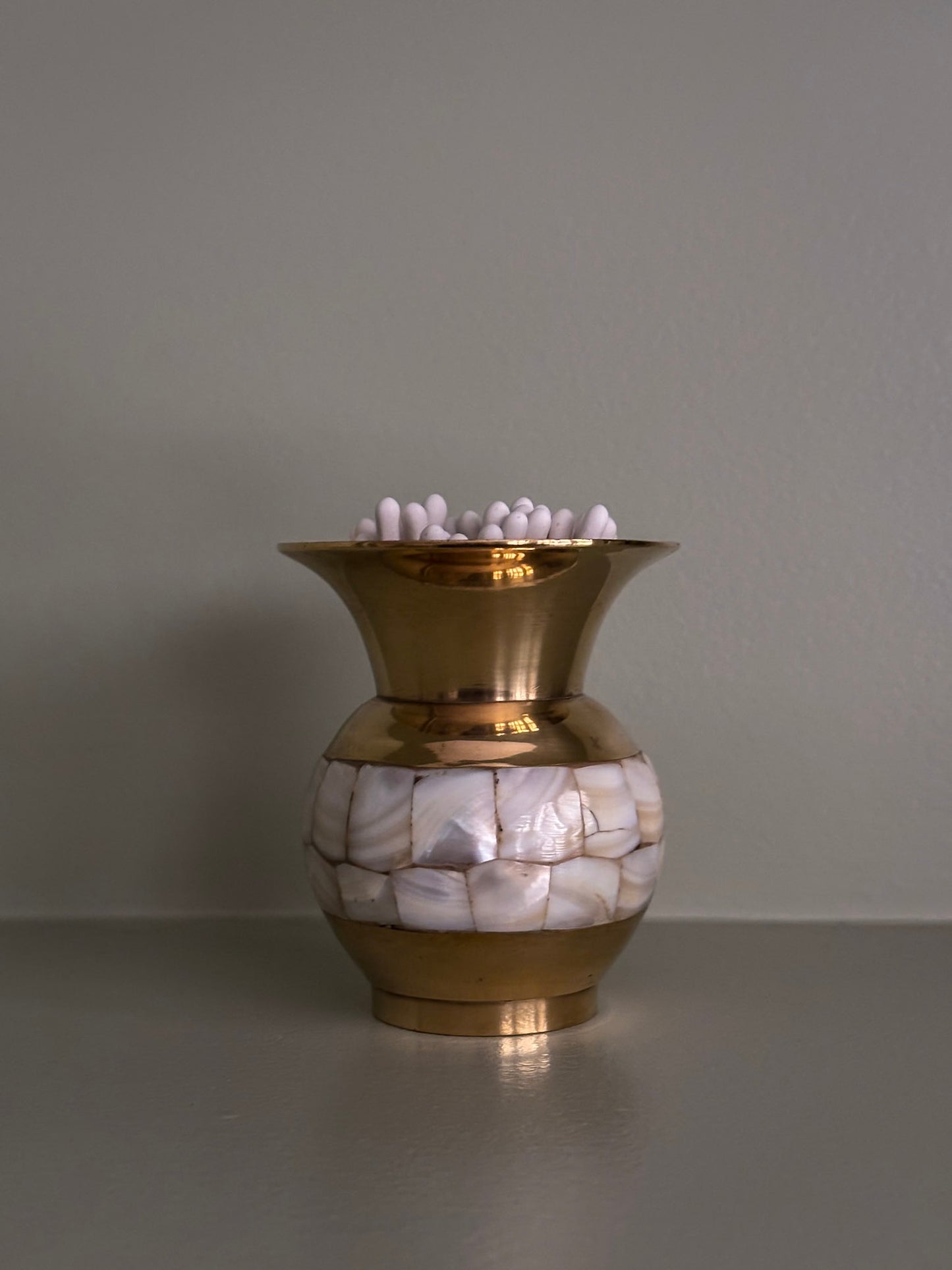Mother-of-Pearl Inlay Brass Mini Vase Matchstick Holder