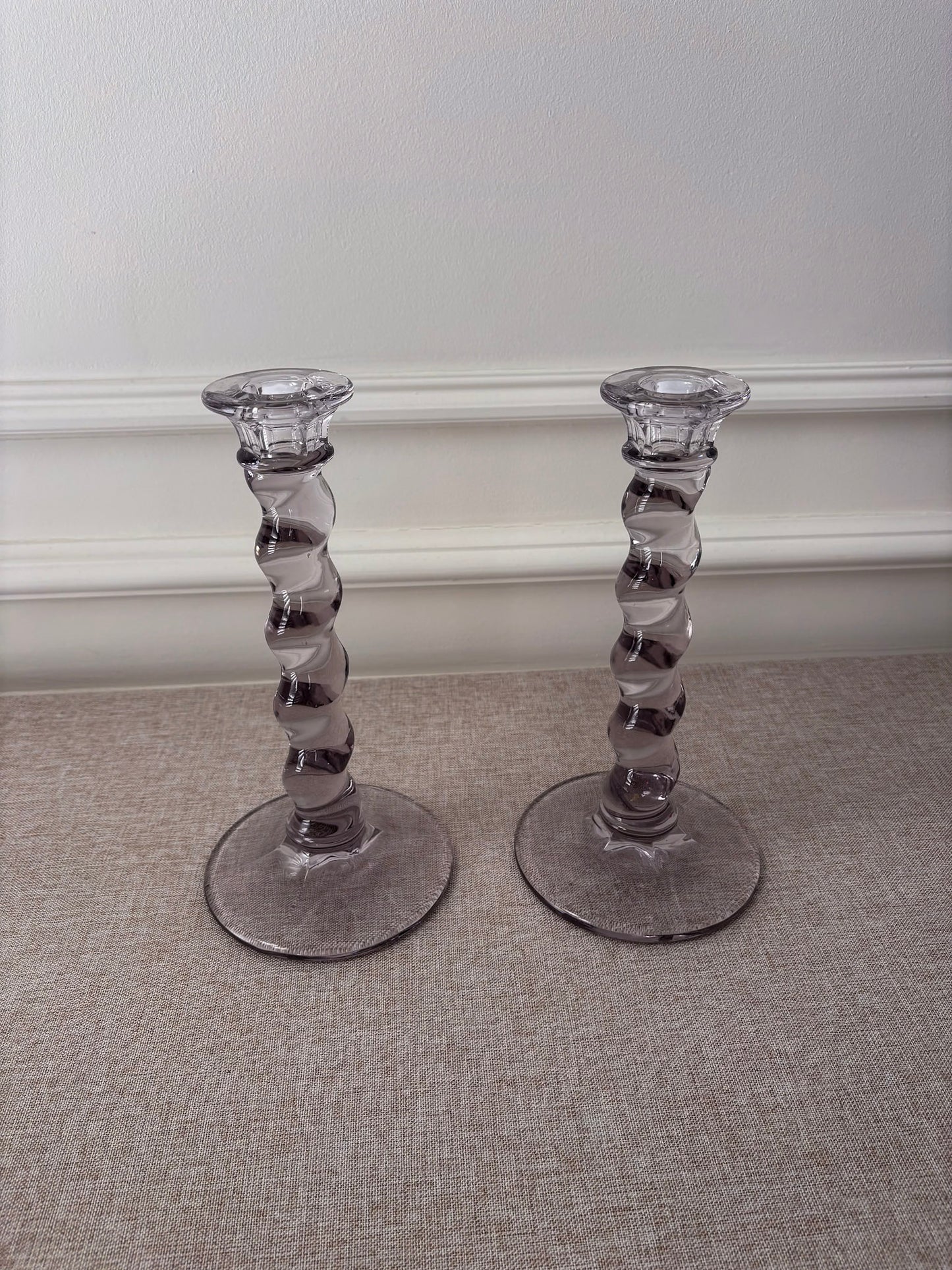 Glass Twist Candlesticks, Pair of Sculptural Spiral Stem Candle Holders