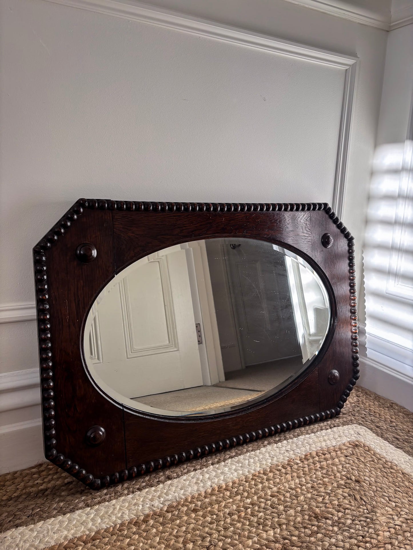 Vintage Beaded-Edge Oak Mirror
