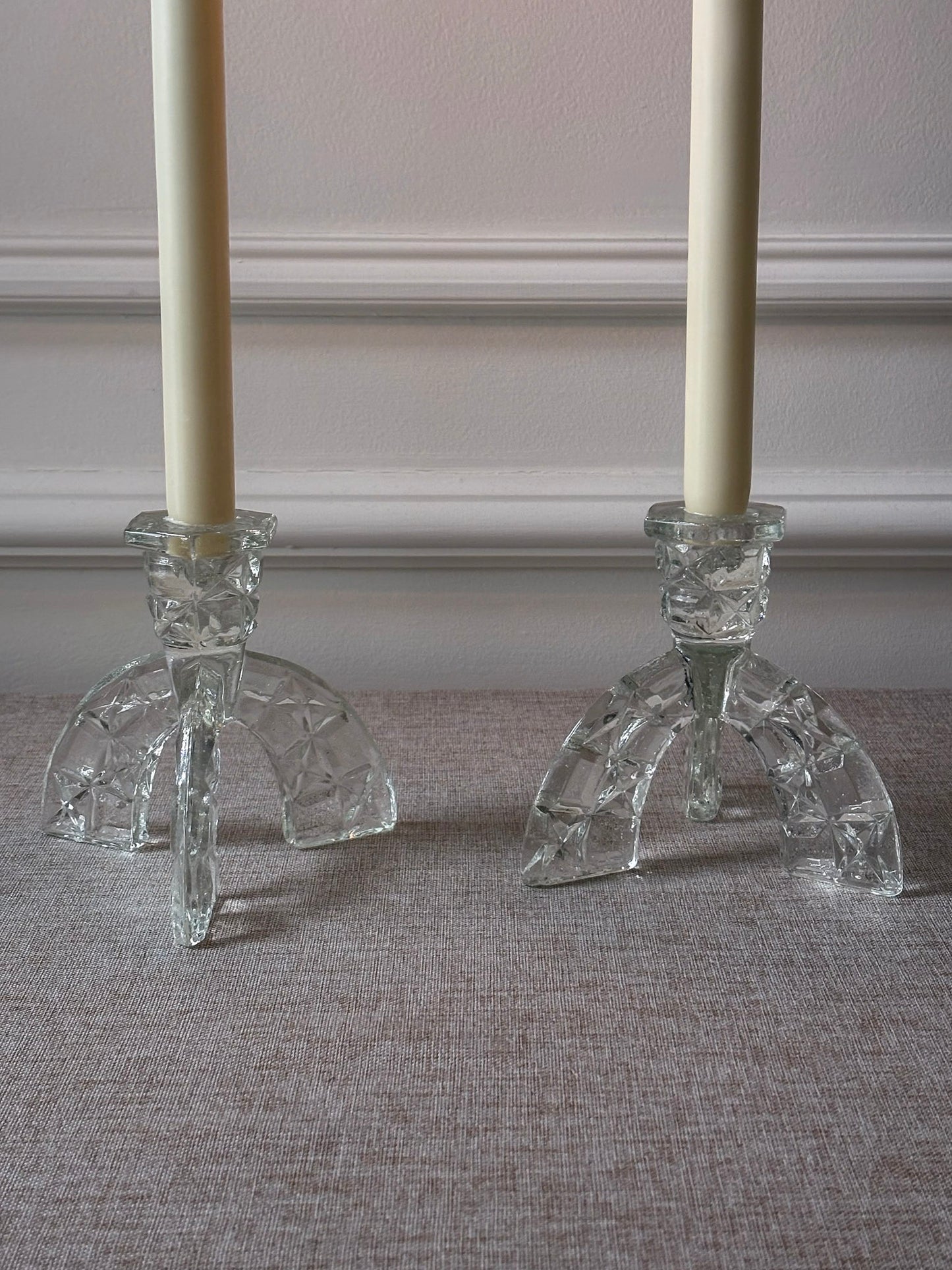 1930s Art Deco Pressed Glass Candlesticks - Pair
