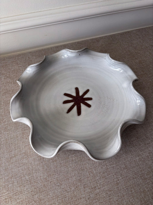 Studio Pottery Wavy Edge Plate, Irish Ceramic Dish in Off-White and Brown