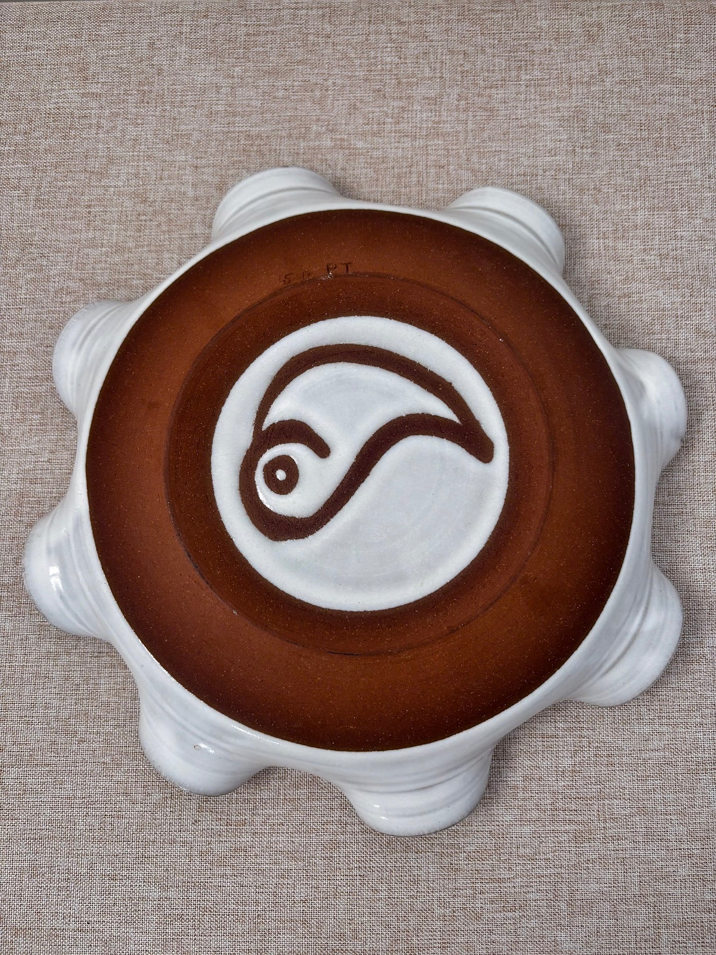 Studio Pottery Wavy Edge Plate, Irish Ceramic Dish in Off-White and Brown
