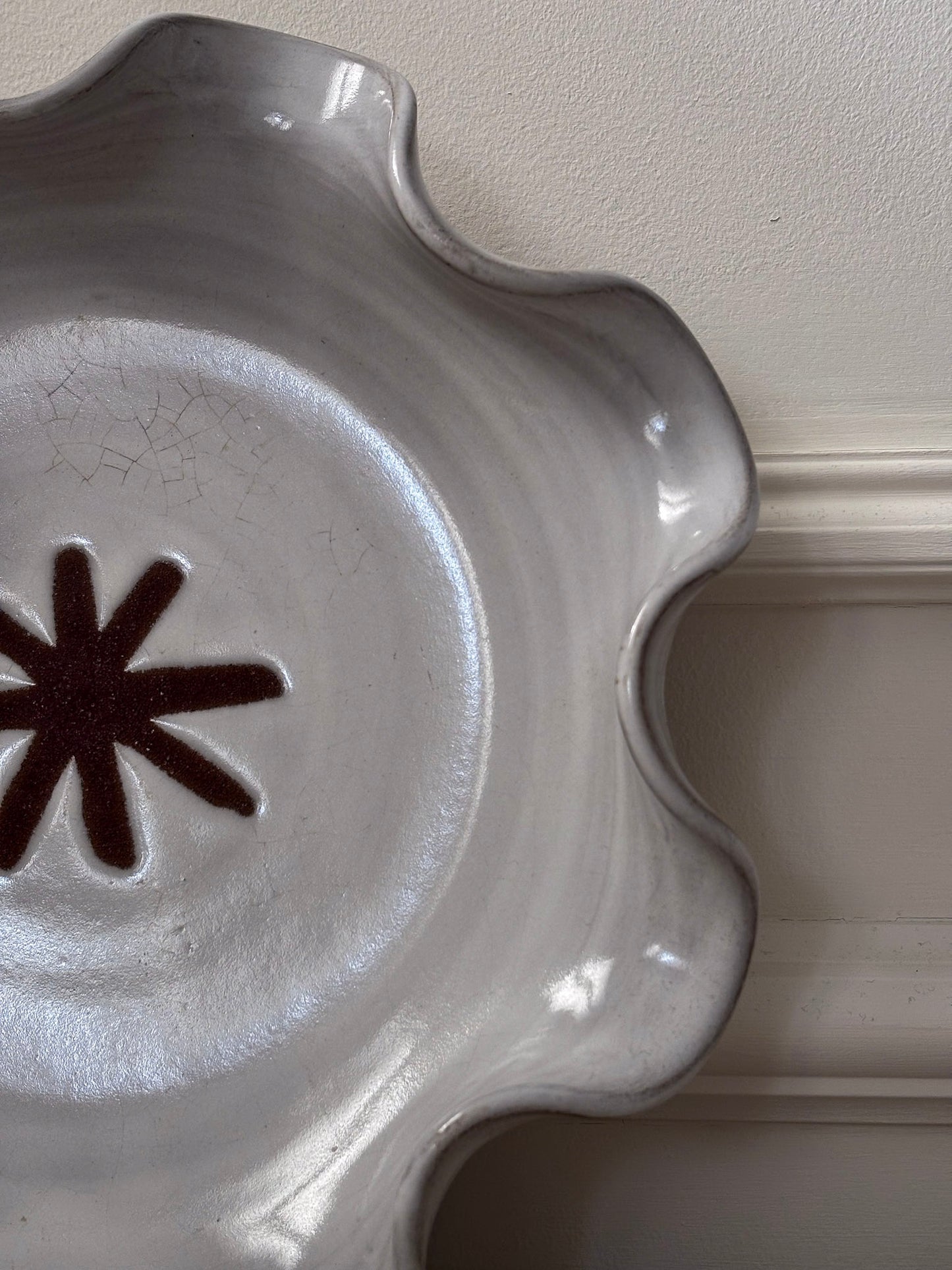 Studio Pottery Wavy Edge Plate, Irish Ceramic Dish in Off-White and Brown