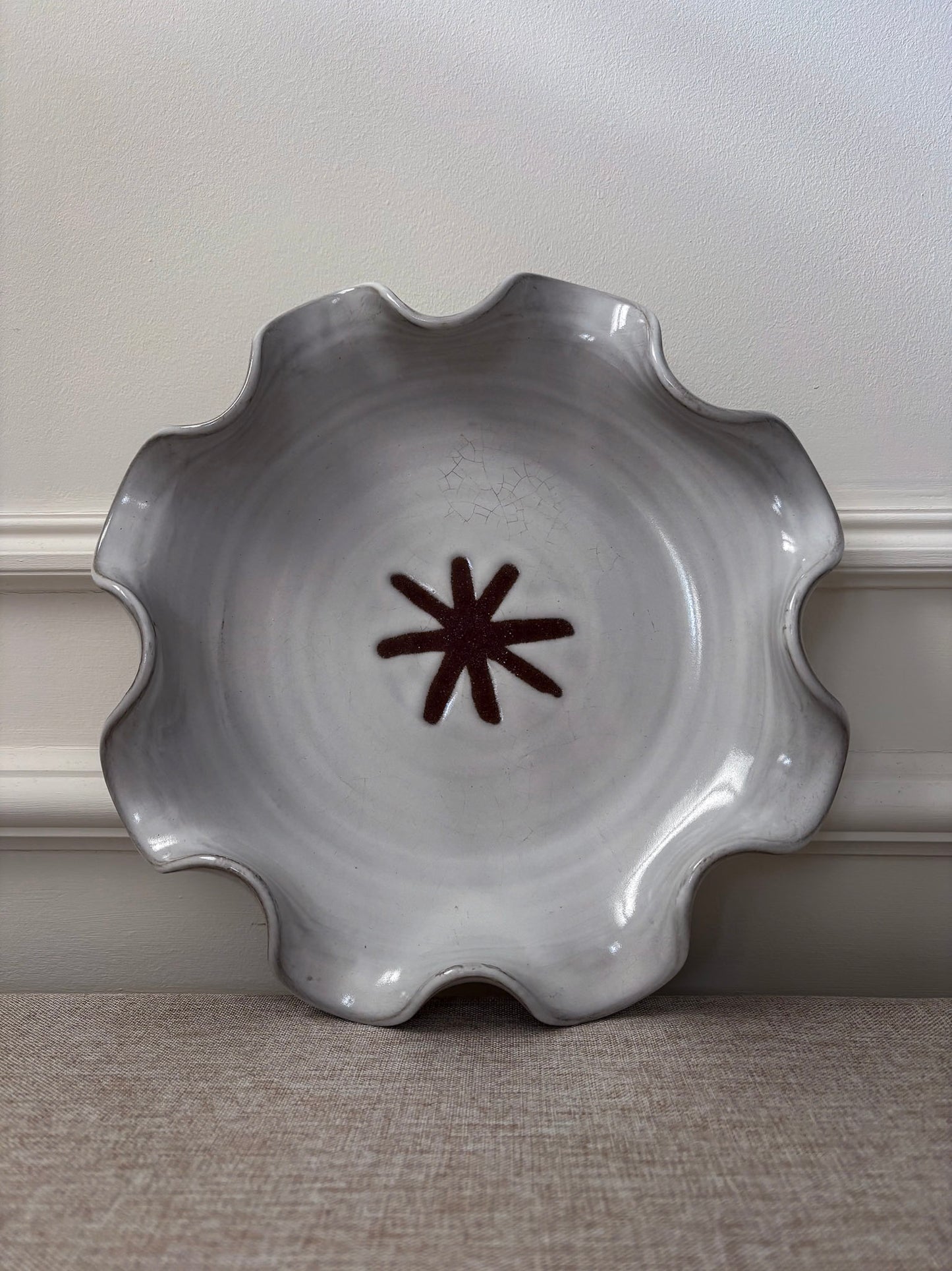 Studio Pottery Wavy Edge Plate, Irish Ceramic Dish in Off-White and Brown