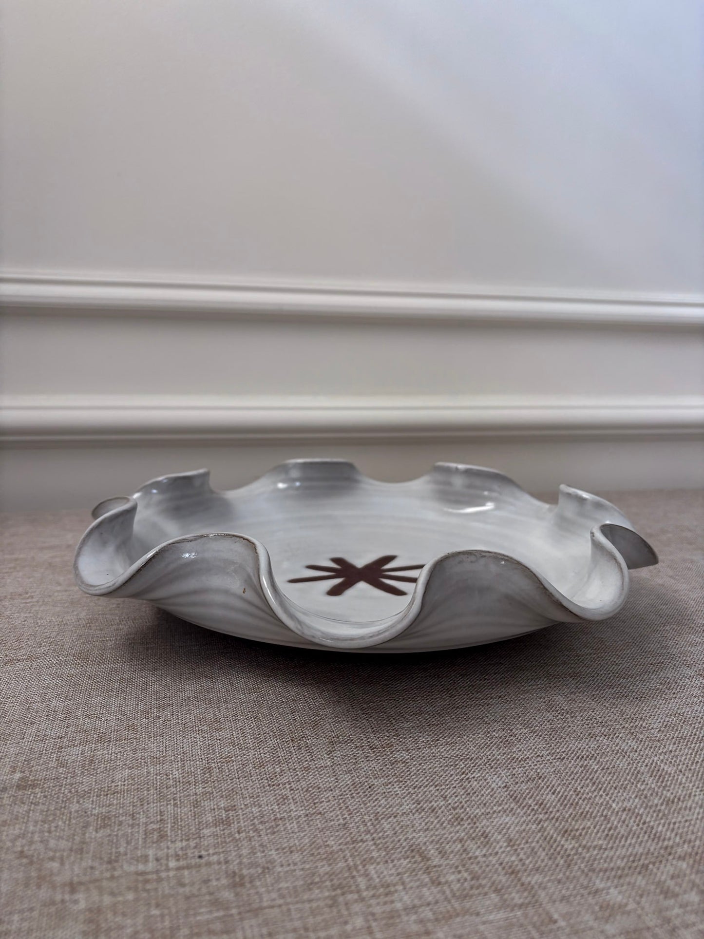 Studio Pottery Wavy Edge Plate, Irish Ceramic Dish in Off-White and Brown
